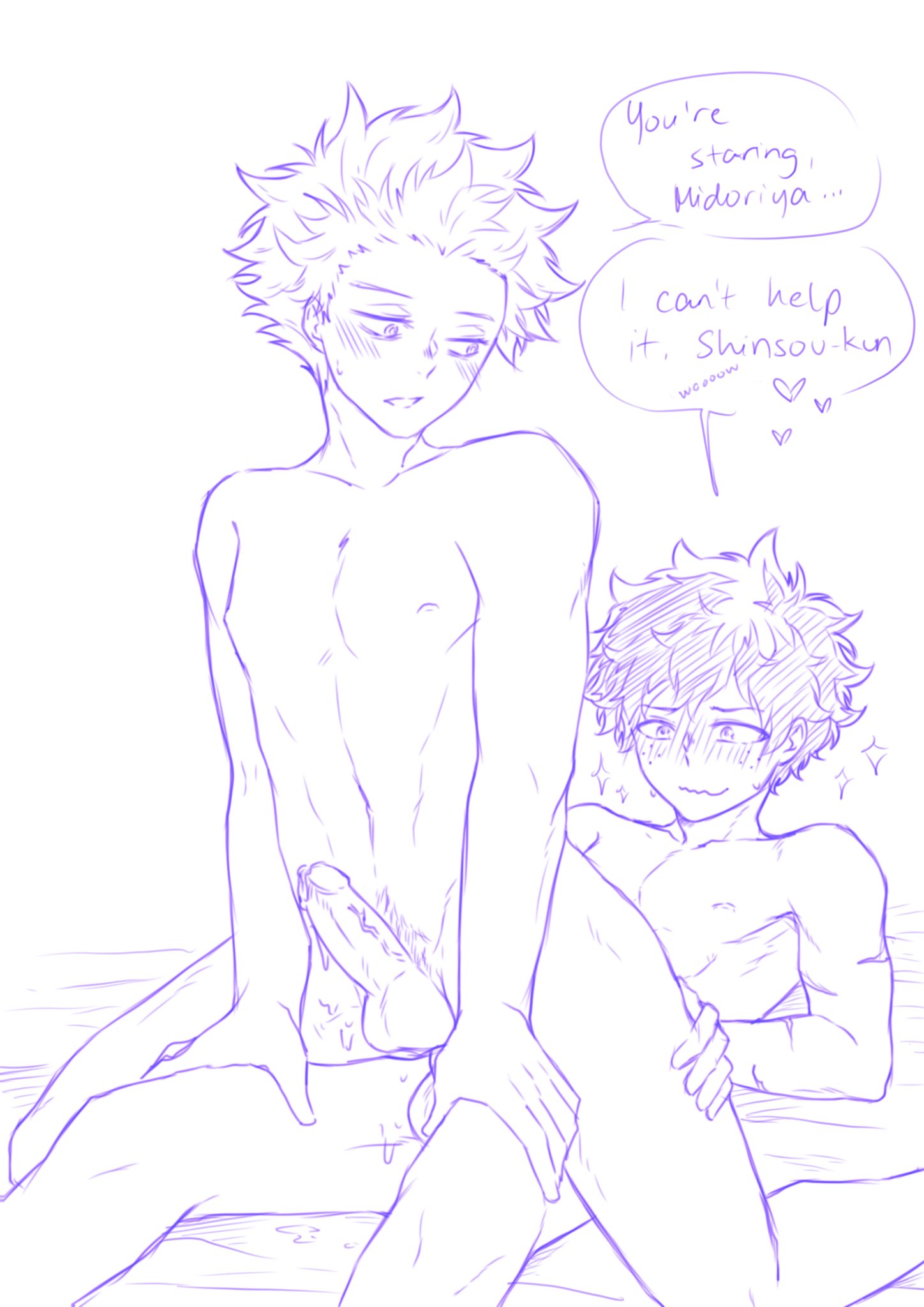 2boys anal anal_sex bigger_on_top blush gay hand_on_thigh heart hitoshi_shinso izuku_midoriya male male/male male_only male_penetrating monochrome muscular my_hero_academia nude penis power_bottom precum reverse_cowgirl_position riding scar shiru_desu sketch smaller_top speech_bubble staring sweat sweatdrop trimmed_pubic_hair yaoi