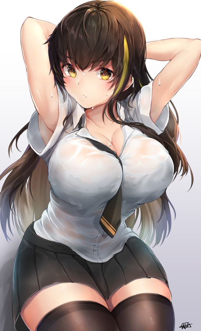 1girls absurdres armpits bangs between_breasts black_hair black_legwear blush breasts bursting_breasts cleavage collarbone commentary_request curvaceous curves curvy curvy_body curvy_female curvy_figure curvy_hips eyebrows_visible_through_hair female female_only girls'_frontline glistening_eyes gradient_background hands_behind_head highres hiromaster_sinta_jh huge_breasts large_breasts legs long_hair looking_at_viewer loose_necktie m4a1_(girls'_frontline) miniskirt multicolored_hair necktie necktie_between_breasts plain_background see-through see-through_clothing shiny shiny_hair shiny_skin shiny_thighs shirt short_sleeves simple_background skirt solo streaked_hair sweat sweatdrop sweating sweaty thick thick_ass thick_legs thick_thighs thighhighs thighs water wet wet_body wet_clothes wet_clothing wet_shirt wet_skin white_background white_shirt yellow_eyes