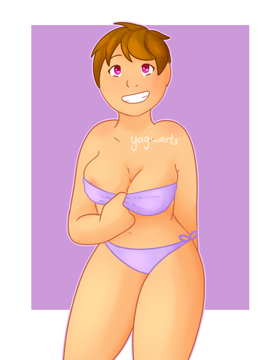 absurd_res areola_slip bikini blonde_hair breasts freckles happy partially_clothed pulling_down purple_background purple_bikini seiko_(@yagi_arts) short_hair smile soft_shading thighs yagi_arts