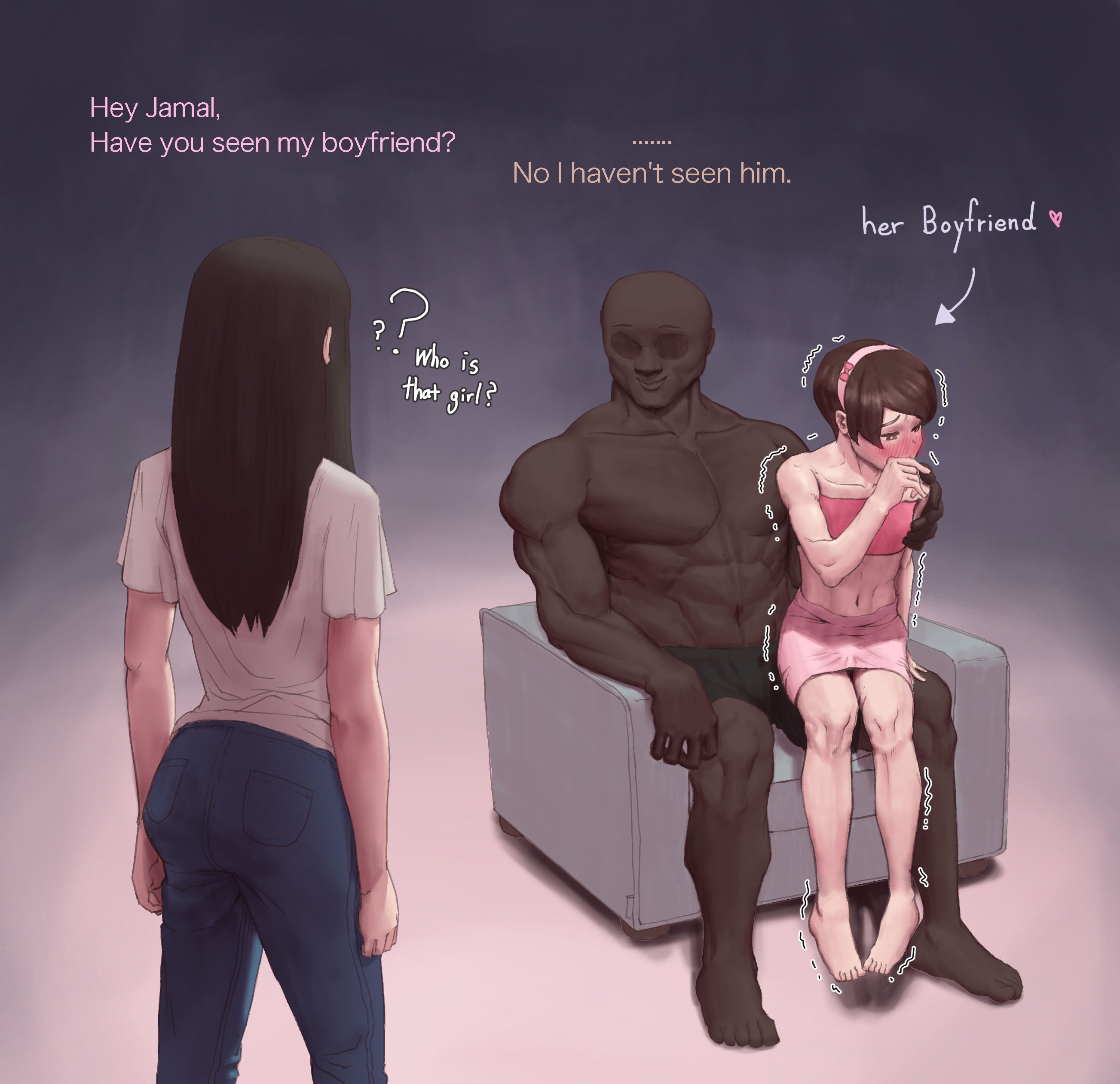 1girls, 2boys, anon, barefoot, blush, cheating, crossdressing, cuckquean, dark skin, dark-skinned male, english text, erection under clothes, feet, female, femboy, gay, girly, interracial, male, malesub, muscular, netorare, ntr, pencil skirt, penis under skirt, pigeon toed, pigeon-toed, short hair, sissy, skirt, small penis, text, tight skirt, trap, wjs07