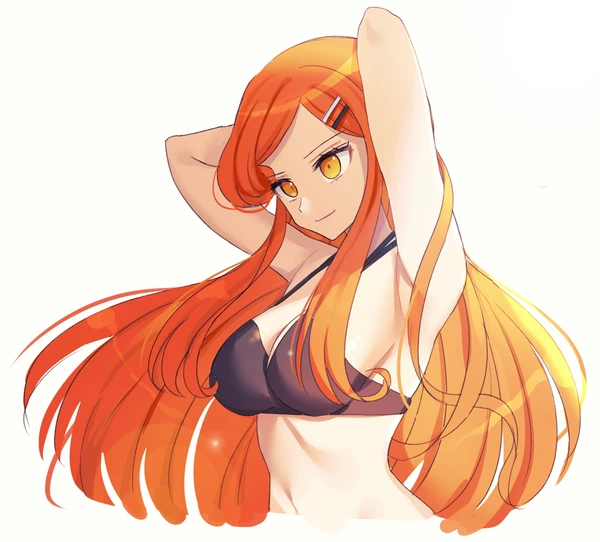 big_breasts black_bra bra danganronpa danganronpa_another fanganronpa hairclip hands_behind_head long_hair mekaru_rei orange_hair shiny shiny_hair smirk smooth_skin tagme teenager white_background wholesome wind yellow_eyes