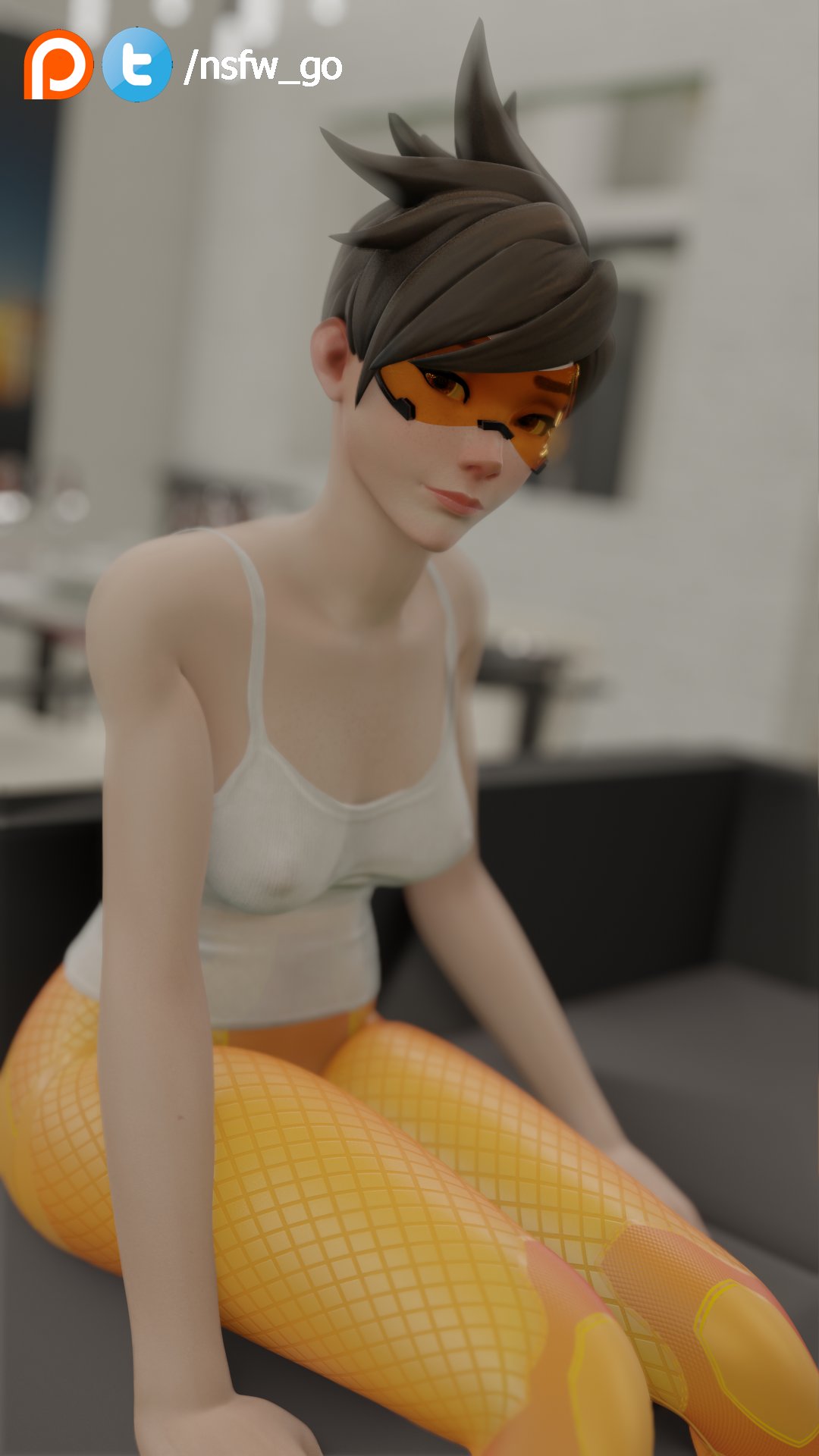 1girls, 3d, alternate costume, ass, bedroom eyes, blizzard entertainment, brown eyes, brown hair, clothed, couch, cute, eyeshadow, female, female only, freckles, fringe, gocrazygonsfw, looking at viewer, nipples visible through clothing, nsfw go, on couch, orange-tinted eyewear, overwatch, overwatch 2, short hair, sitting, slim, sofa, solo, spiky hair, tinted eyewear, tracer, visor, yellow eyes