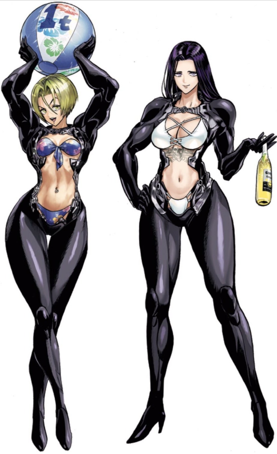 2girls, artist name, artist on twitter, asami (one-punch man), bikini, female, female only, human, human only, impossible clothes, mature female, murata yuusuke, noria (one-punch man), one-punch man, standing, tight fit, twitter username, volleyball