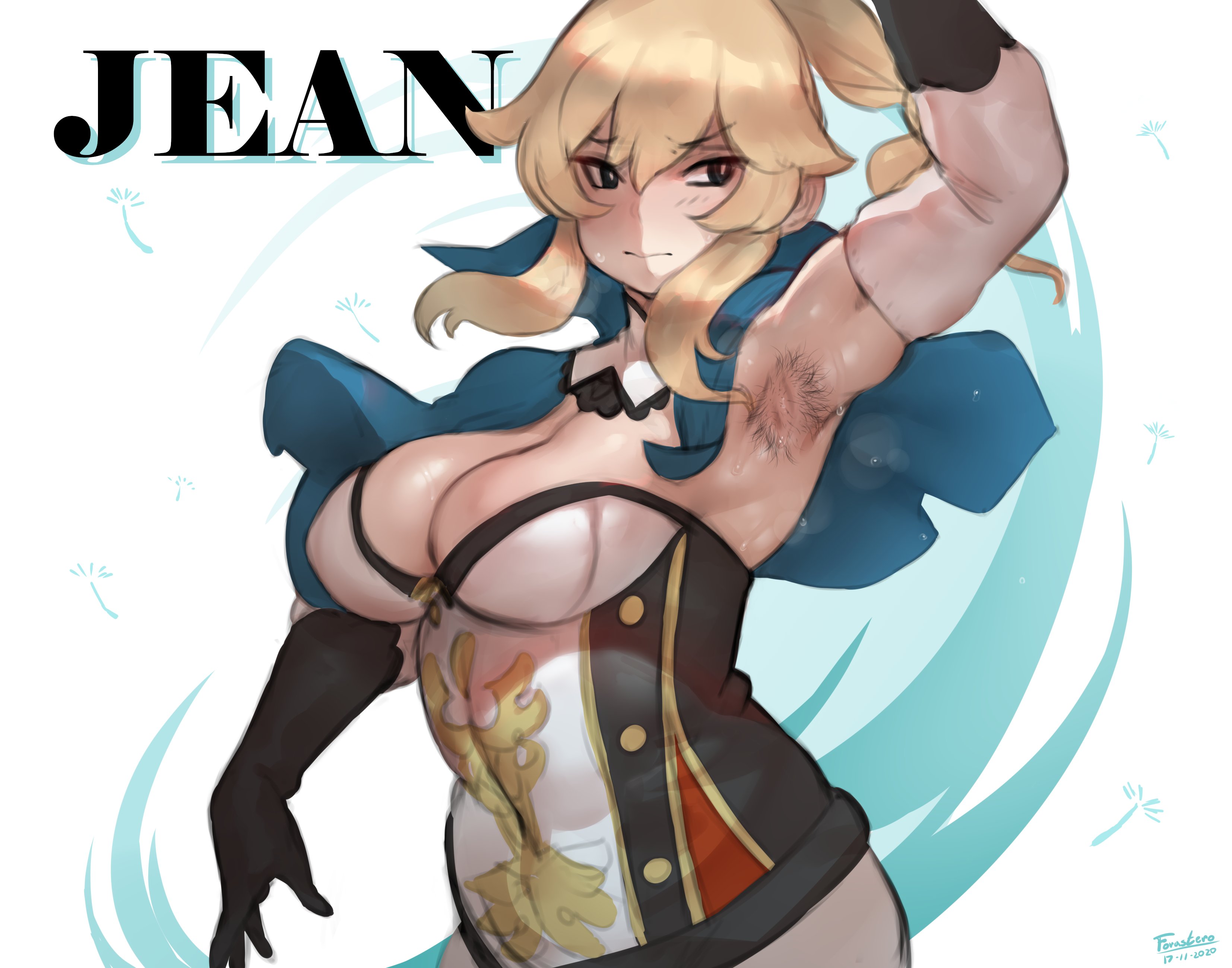 1girls, absurdres, armpit fetish, armpit hair, armpits, big breasts, breasts, character name, cleavage, female, female only, forastero, genshin impact, highres, jean gunnhildr, large breasts, muscles, muscular, muscular female, questionable, solo, sweat