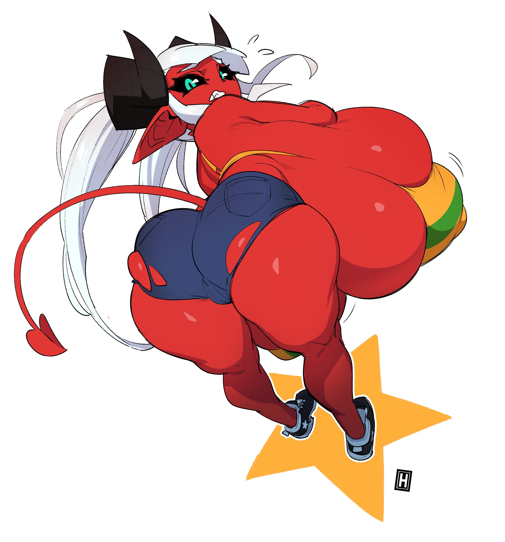 1girls, ass, big ass, breasts, demon, demon girl, female, female only, huge breasts, hyper, hyper breasts, looking at viewer, looking back, lyla (thehelmetguy), red skin, solo, succubus, thehelmetguy