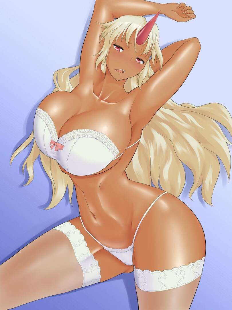 1girls, arms behind head, blonde hair, bow, breasts, dark skin, dark-skinned female, female, horn, huge breasts, humanoid, lingerie, long hair, looking at viewer, monster girl, monster musume no iru nichijou, oni, pointy ears, pose, red eyes, stockings, tionishia, u pyr, voluptuous, white legwear, white panties, wide hips