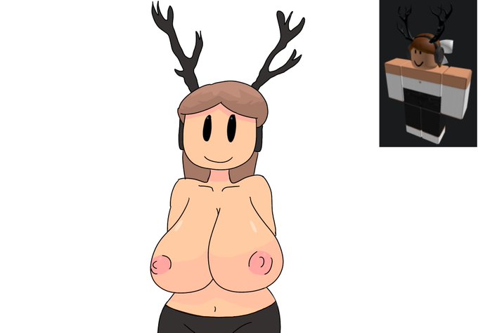 1girls, 2d, antlers, arms behind back, big areola, big breasts, black antlers, black eyes, black pants, breasts, brown hair, collarbone, female, female only, half naked, headphones, idontknow art, large breasts, light skin, light-skinned female, long hair, looking at viewer, navel, nipples, no bra, pale skin, pale-skinned female, pants, reference image, roblox, roblox avatar, robloxian, simple background, smile, solo, standing, stomach, topless, topless female, white background