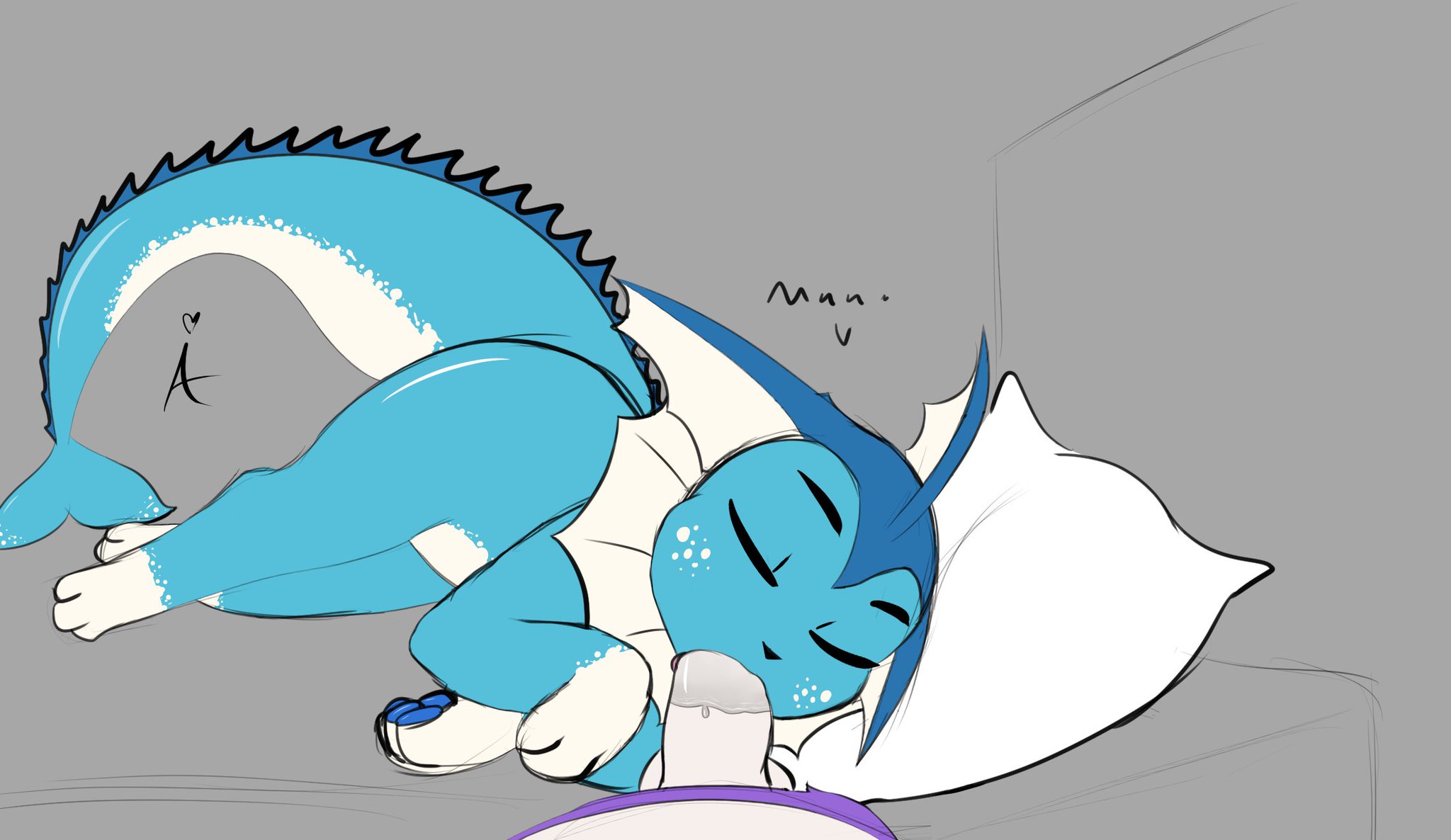 1boy, 1girls, anglo, anthro, ass, bed, bedroom, bent over, blowjob, blue fur, blush, canine, claws, closed eyes, cute, cute fang, drooling, eeveelution, fellatio, female, fluffy, fluffy tail, fur, furry, happy, heart, human, looking at viewer, male, mammal, naked, nintendo, open mouth, pawpads, paws, penis, penis grab, pokémon (species), pokemon, pokemon (species), pussy, sweat, tail, tailwag, text, tongue, tongue out, vaporeon, wet