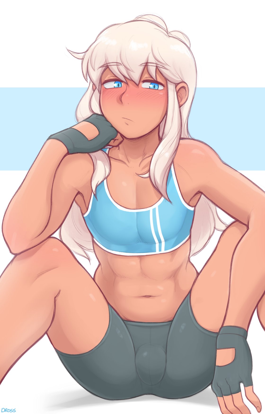 1boy, abs, blue eyes, blush, bulge, cody (dross), dross, femboy, girly, looking at viewer, male, male only, original, shorts, solo, tight clothing, toned, toned body, toned male, trap