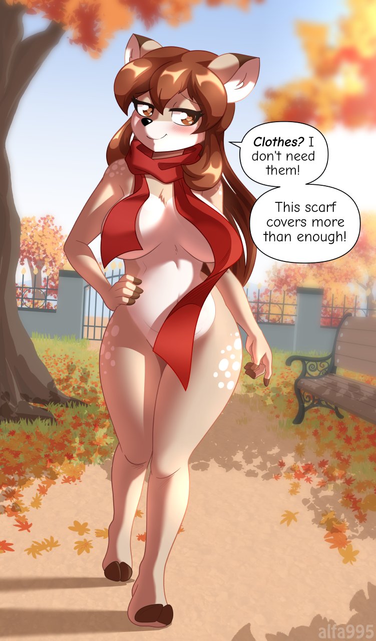 1girls, 5 fingers, alfa995, anthro, ass, big ass, big breasts, blush, breasts, brown eyes, brown fur, cute, cute fang, deer, doe (alfa995), female, fluffy, fluffy tail, fur, furry, happy, heart, leaves, looking at viewer, mammal, naked, nipples, open mouth, pussy, scarf, solo, sweat, tail, text, tree, wet