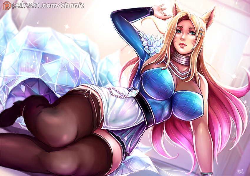 1girls, ahri, big breasts, blonde female, breasts, cleavage, female, female only, k/da ahri, k/da series, kachima, large breasts, league of legends, lowres, riot games, solo, thighhighs