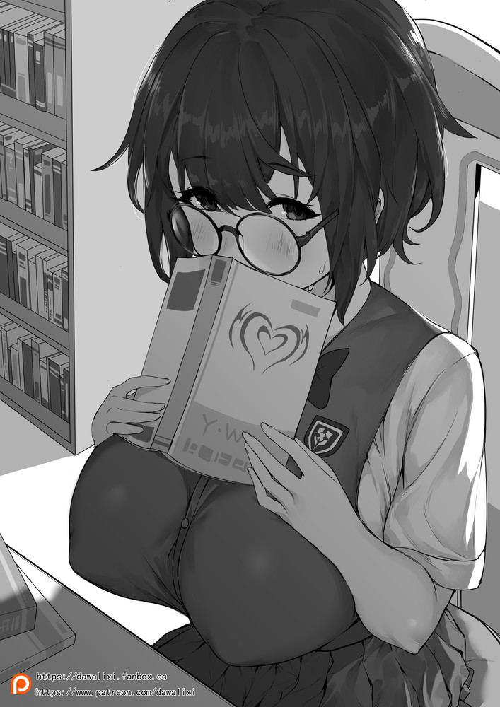 1girls, blush, book, breasts, brown hair, covered nipples, curvy, dawalixi, female, glasses, huge breasts, indoor, large breasts, library, looking at viewer, monochrome, nerd, original, original character, school uniform, schoolgirl, short hair, shy, sitting, skirt, solo, thick thighs