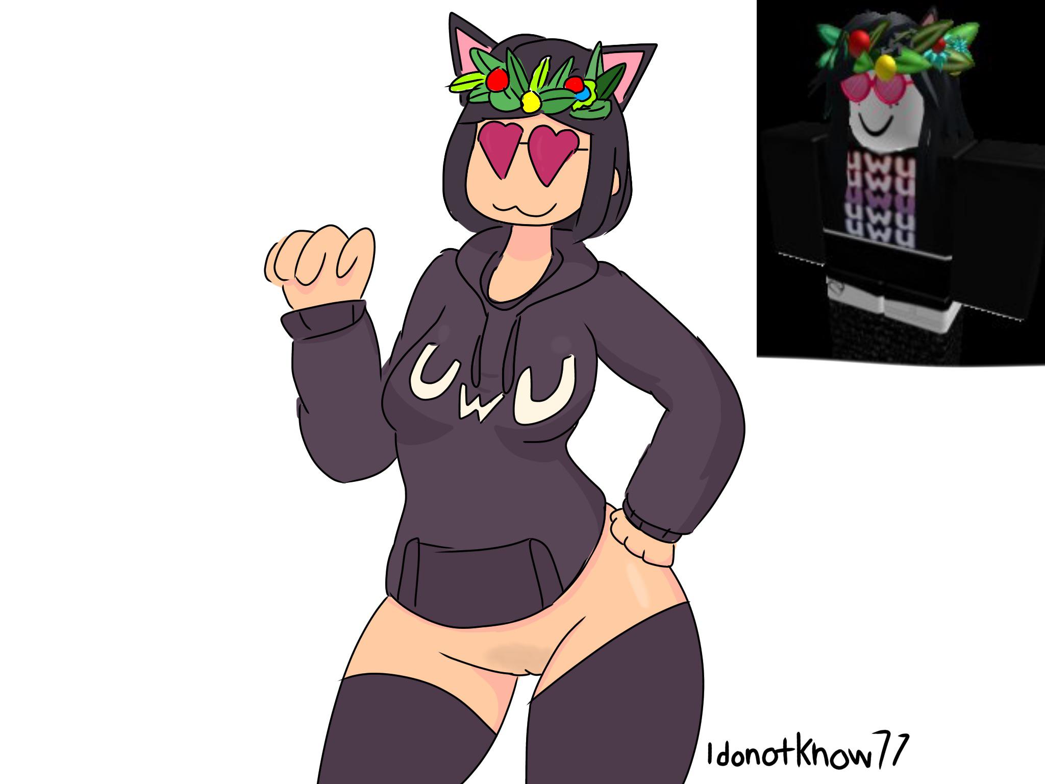 :3, 1girls, 2d, animal ears, artist name, black clothing, black hair, black hoodie, black legwear, black sleeves, black thighhighs, bottomless, bottomless female, breasts, cat ears, cat girl, catgirl, female, female only, glasses, hand on hip, heart glasses, holiday crown, hoodie, idontknow art, legwear, long sleeves, mostly clothed, no panties, no pants, pale skin, pussy, reference image, roblox, roblox avatar, robloxian, short hair, simple background, sleeves, small breasts, solo, standing, thick thighs, thighhighs, thighs, uwu, white background