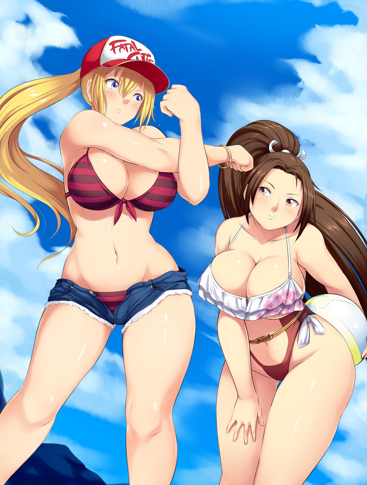 2girls bikini breasts cleavage fatal_fury female female_only huge_breasts long_hair mai_shiranui multiple_girls rule_63 snk snk_heroines:_tag_team_frenzy terry_(snk_heroines:_tag_team_frenzy) terry_bogard yomitrooper