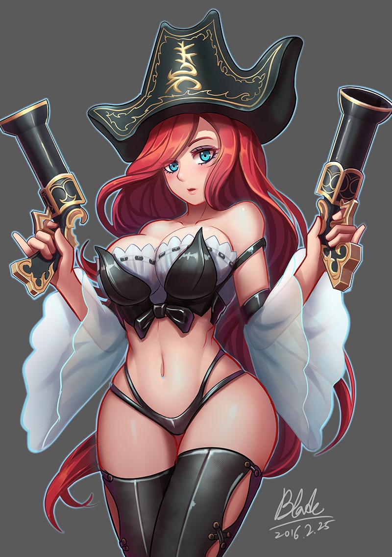 big breasts, black panties, blue eyes, breasts, female, fully clothed, highleg, holding weapon, league of legends, miss fortune, no pants, panties, pirate, provocative, qblade, red hair, thighhighs