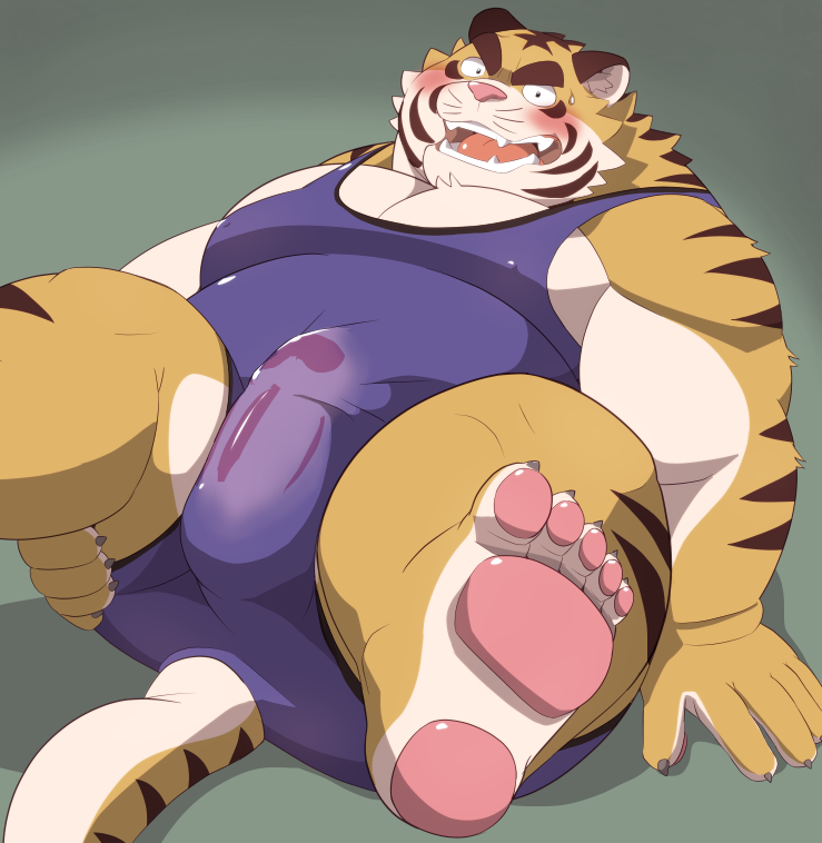 00murice 2020 anthro ass belly blush bulge clothed clothing erection erection_under_clothing felid genital_outline humanoid_hands kemono lying male male_only mammal overweight overweight_anthro overweight_male pantherine penis_outline pink_nose solo tiger wrestling_singlet