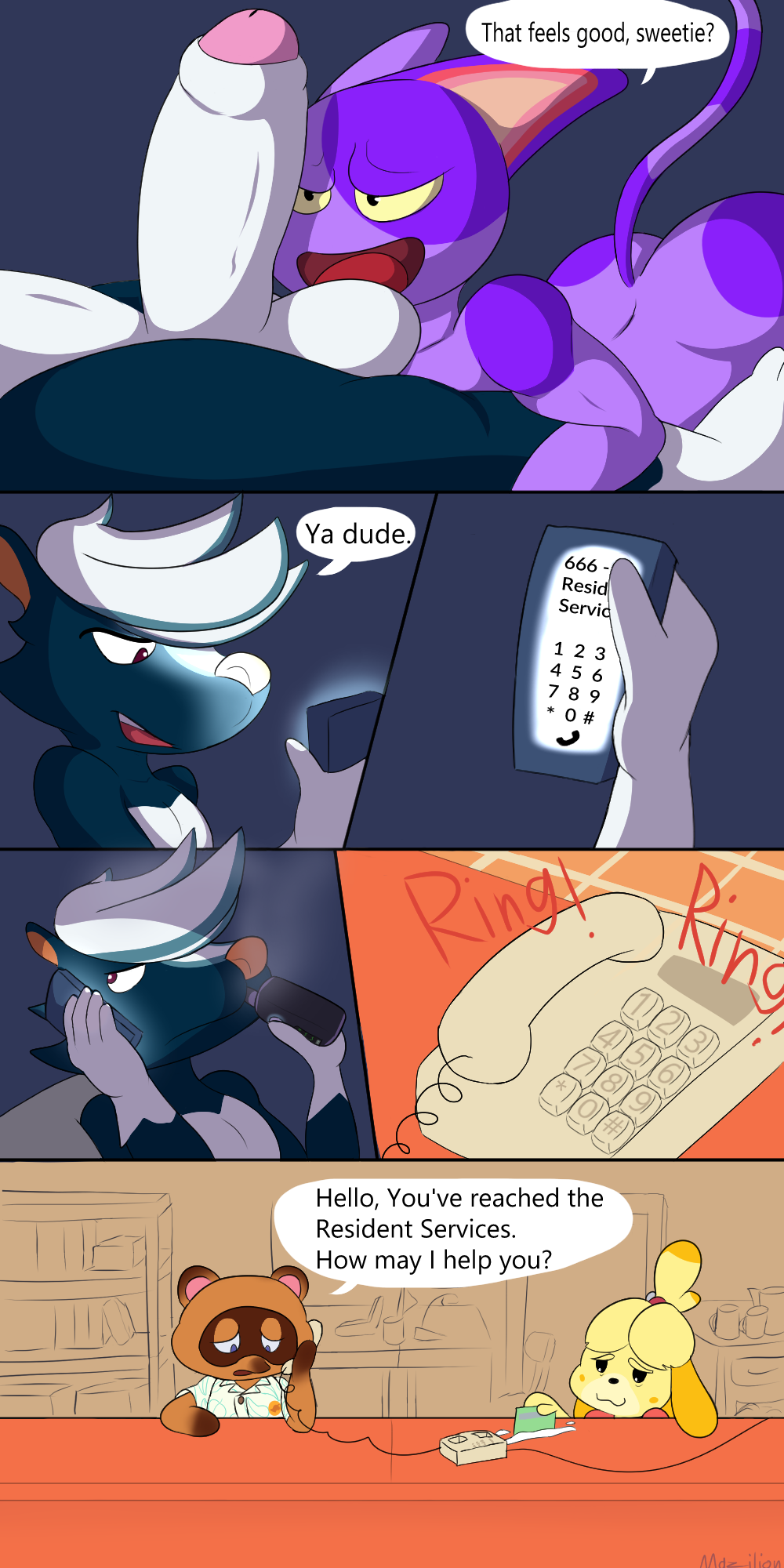 1:2 animal_crossing anthro big_penis bob_(animal_crossing) cellphone comic domestic_cat drugs duo english_text felid feline felis genitals greeting hi_res isabelle_(animal_crossing) kicks_(animal_crossing) male male/male mammal mazilion mephitid nintendo penis phone phone_call skunk text tom_nook vaping video_games