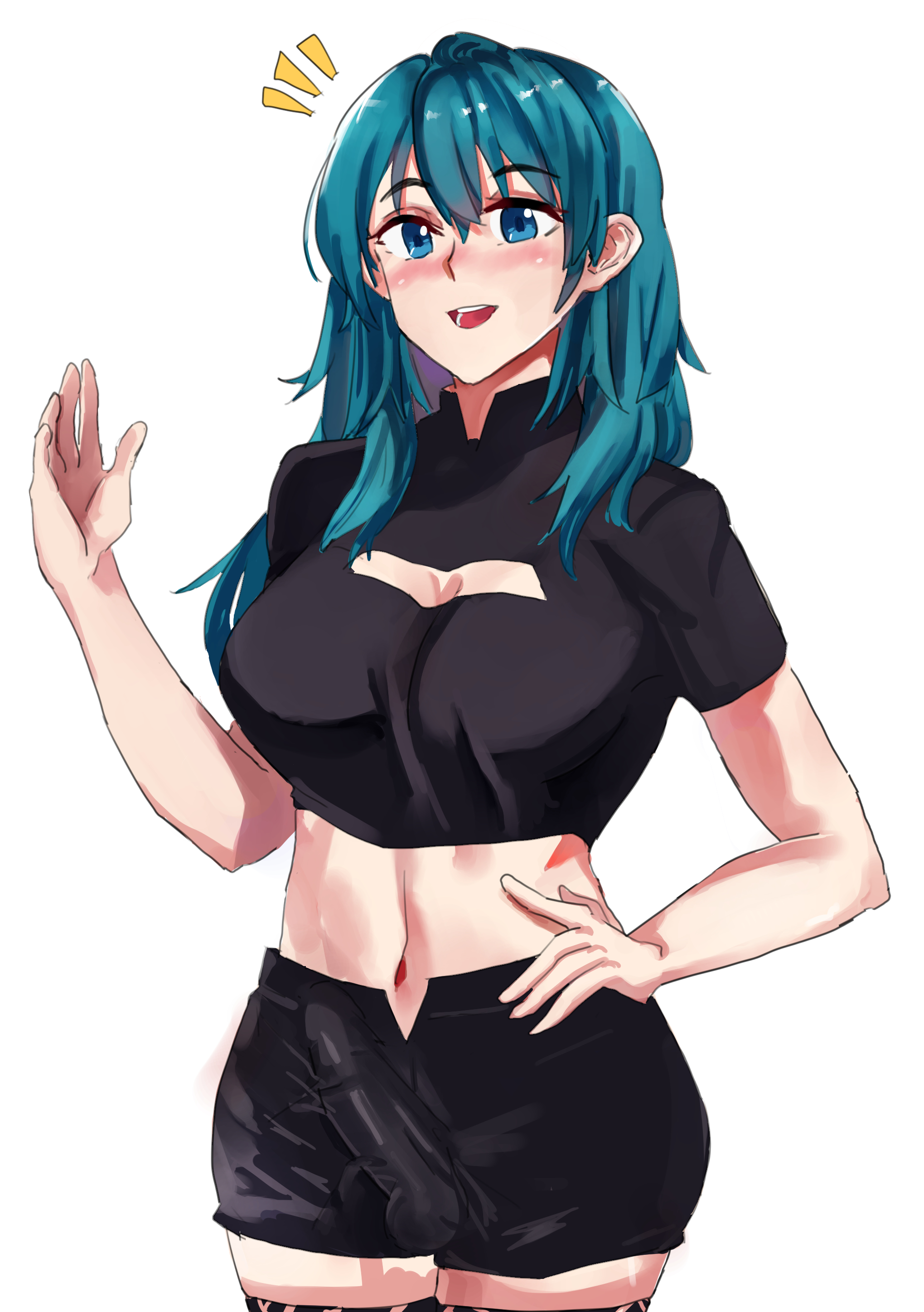 1futa, 1girls, bare midriff, blue eyes, breasts, bulge, byleth (fire emblem), byleth (fire emblem) (female), cleavage, erection, erection under clothes, female, fire emblem, fire emblem: three houses, fully clothed, futa only, futanari, human, intersex, large breasts, long hair, medium hair, midriff, midriff baring shirt, neige (pixiv6850453), nintendo, open mouth, penis, smile, solo, solo futa, teal hair, white background