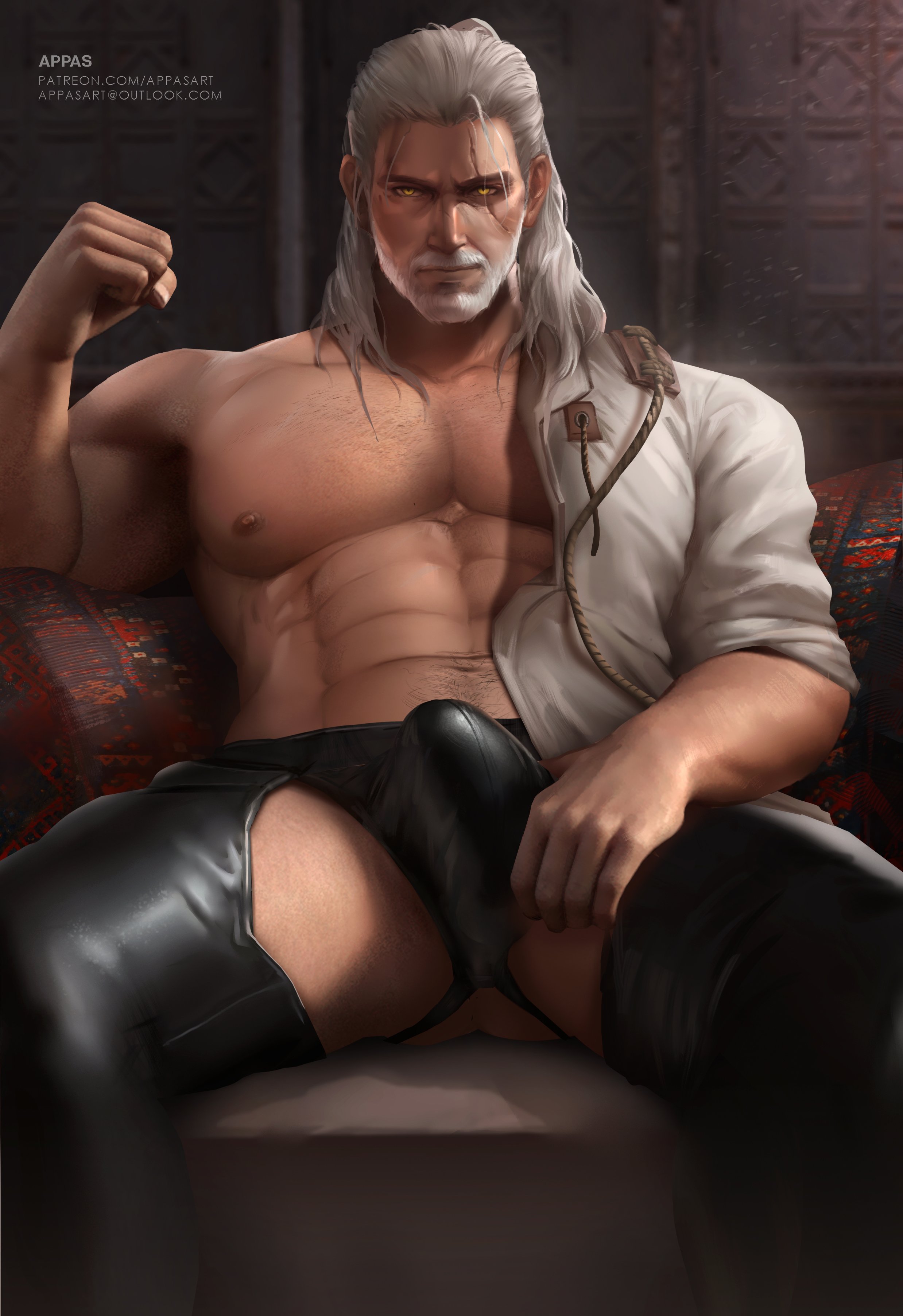 1boy, abs, appasart, assless chaps, balls, balls under clothes, bara, body hair, cd projekt red, chest hair, erection, erection under clothes, facial hair, geralt of rivia, grey hair, happy trail, looking at viewer, male, male focus, male nipples, male only, masculine male, muscles, muscular, muscular male, nipples, open shirt, pecs, scar, scar across eye, sitting, solo male, spread legs, the witcher, the witcher (series), the witcher 2, the witcher 3: wild hunt, undressing, yaoi, yellow eyes