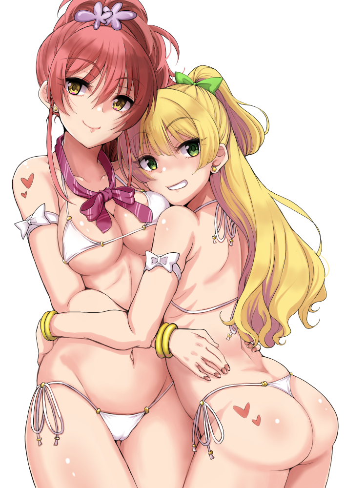 2girls, ass, bangs, bare shoulders, bikini, blonde hair, blush, bow, bracelet, breasts, cameltoe, cleavage, cowboy shot, earrings, eyebrows visible through hair, female, female only, flower, green bow, green eyes, grin, gyaru, hair between eyes, hair flower, hair ornament, hairbow, hand on back, heart, heart tattoo, hug, idolmaster, idolmaster cinderella girls, jewelry, jougasaki mika, jougasaki rika, kogal, long hair, looking at viewer, medium breasts, multiple females, multiple girls, nail polish, navel, open mouth, pink hair, ponytail, pussy, red nails, shiroyukimajima, siblings, side-tie bikini, simple background, sisters, smile, standing, stomach, swimsuit, tattoo, two side up, white background, white bikini, yellow eyes