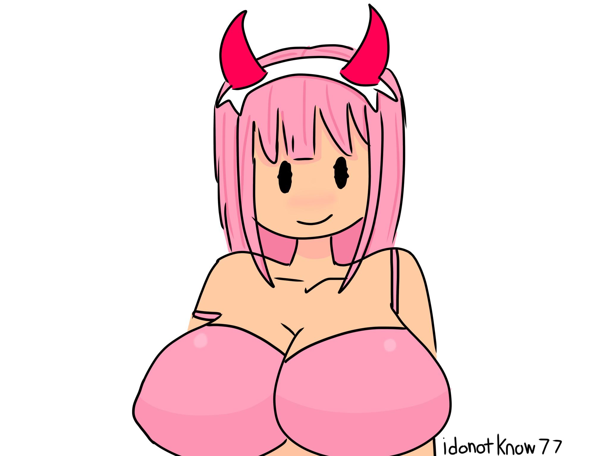 1girls, 2d, ace pilot (rolve), arsenal (rolve), artist name, big breasts, black eyes, bra, breasts, cleavage, clothed female, collarbone, darling in the franxx, female, female only, hairband, horns, idontknow art, large breasts, light skin, light-skinned female, long hair, looking at viewer, pale skin, pale-skinned female, pink bra, pink hair, red horns, roblox, roblox game, robloxian, rolve, simple background, smile, solo, standing, white background, white hairband, zero two (darling in the franxx)