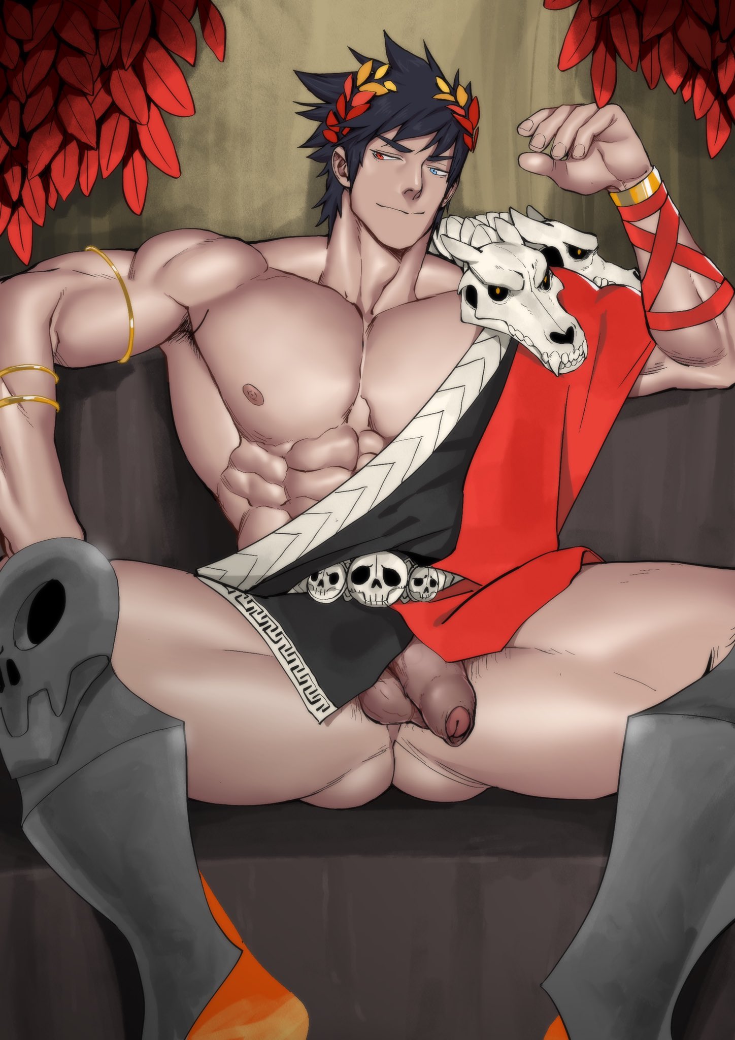 balls, bara, foreskin, hades (game), heterochromia, male, male only, muscles, muscular, muscular male, penis, suyohara, testicles, uncircumcised, unretracted foreskin, yaoi, zagreus