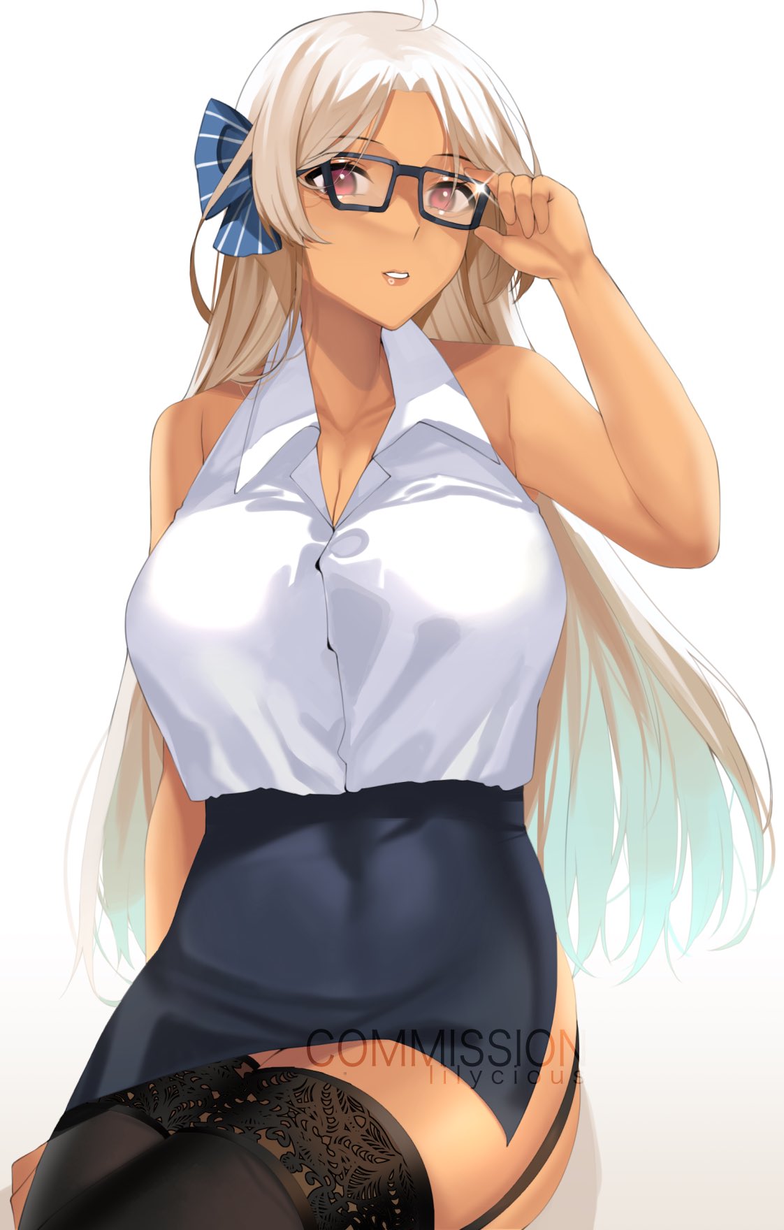 azur_lane bangs bare_shoulders belly_button belly_button_visible_through_clothing black_skirt blonde_hair brooklyn_(azur_lane) business_suit cleavage cowlick dark-skinned_female dark_skin female female_focus female_only garter_straps glasses hair_ribbon large_breasts lilycious long_hair looking_at_viewer looking_to_the_side loose_clothes miniskirt office_lady pencil_skirt red_eyes ribbon skirt skirt_suit stockings tagme teacher thick_thighs thighhighs tight_skirt watermark white_background white_clothing white_shirt