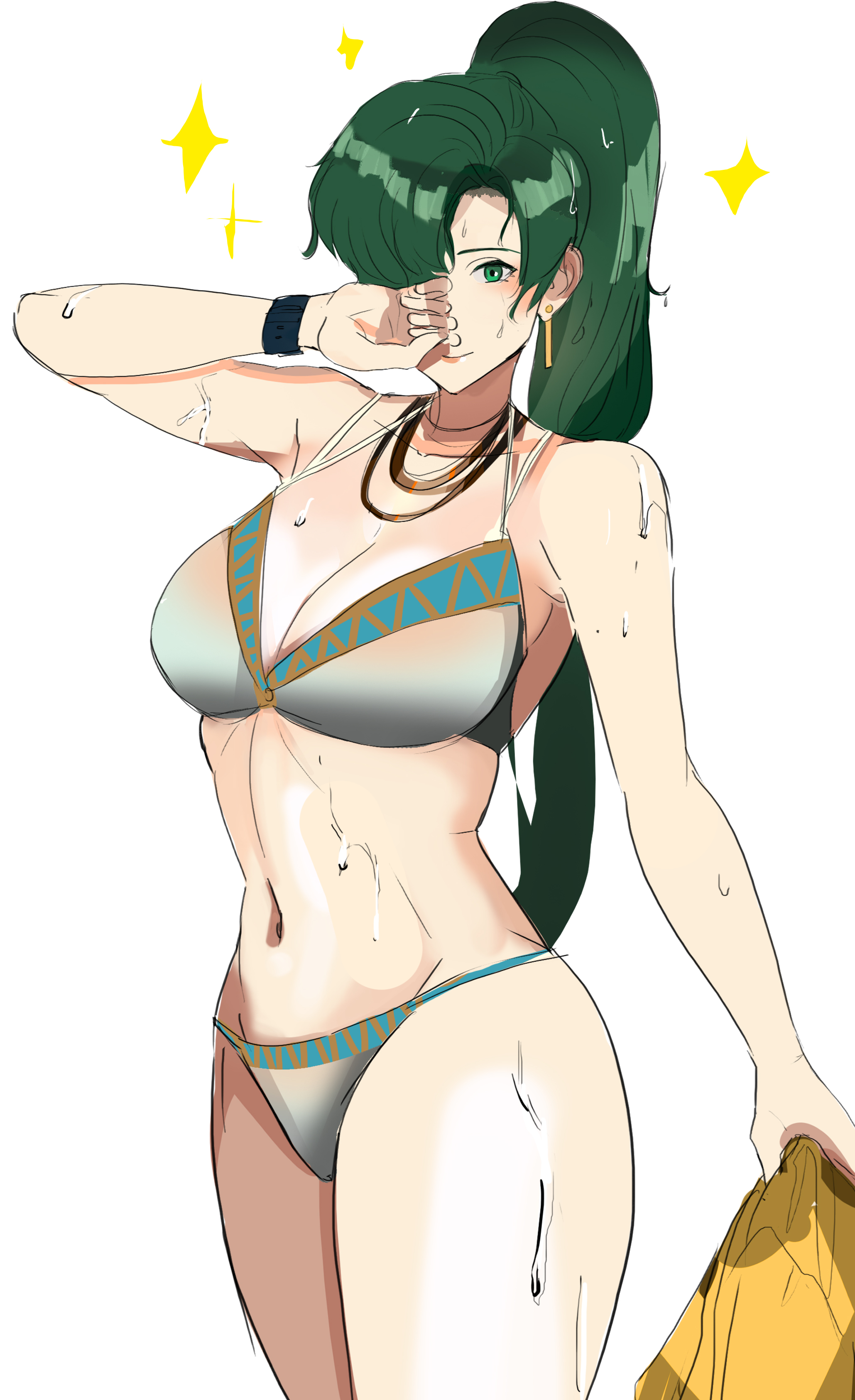 1girls, absurdres, bikini, breasts, cleavage, earrings, female, fire emblem, fire emblem: the blazing blade, green eyes, green hair, hand on own face, highres, jewelry, large breasts, looking at viewer, lyn (fire emblem), navel, necklace, nintendo, ormille, smile, solo, swimsuit, wet, wristband