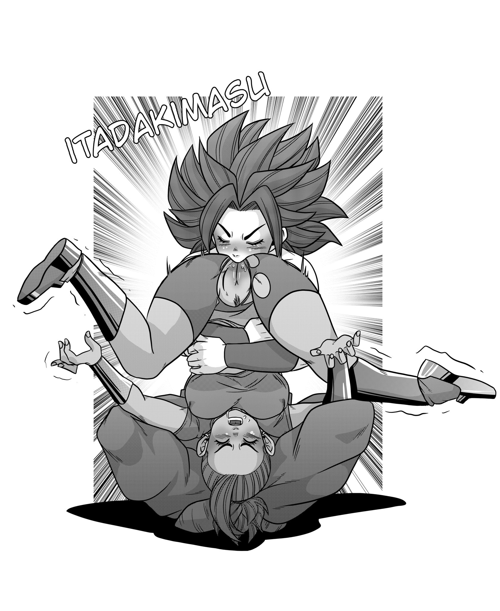 anilingus, black eyes, black hair, blush, boots, breasts, caulifla, dark skin, dark-skinned female, dragon ball, dragon ball super, female, female focus, female only, kale, licking anus, light skin, light-skinned female, long hair, plumlewds, pubic hair, pussy, pussy juice, saiyan, saliva trail, spiky hair, yuri
