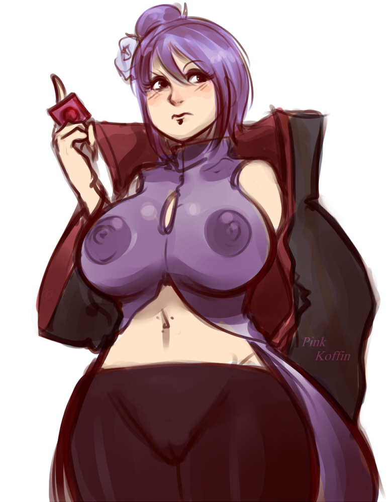 1girls, akatsuki (naruto), areola bulge, areolae, breasts, cameltoe, cloak, condom, dress, erect nipples, erect nipples under clothes, facial piercing, female, female only, flower, hair flower, holding object, konan, leggings, long hair, midriff, naruto, naruto (series), naruto shippuden, navel piercing, nipples, piercing, pinkkoffin, pussy, side bun, sleeveless, sleeveless dress, solo, thick thighs, tied hair, visible nipples