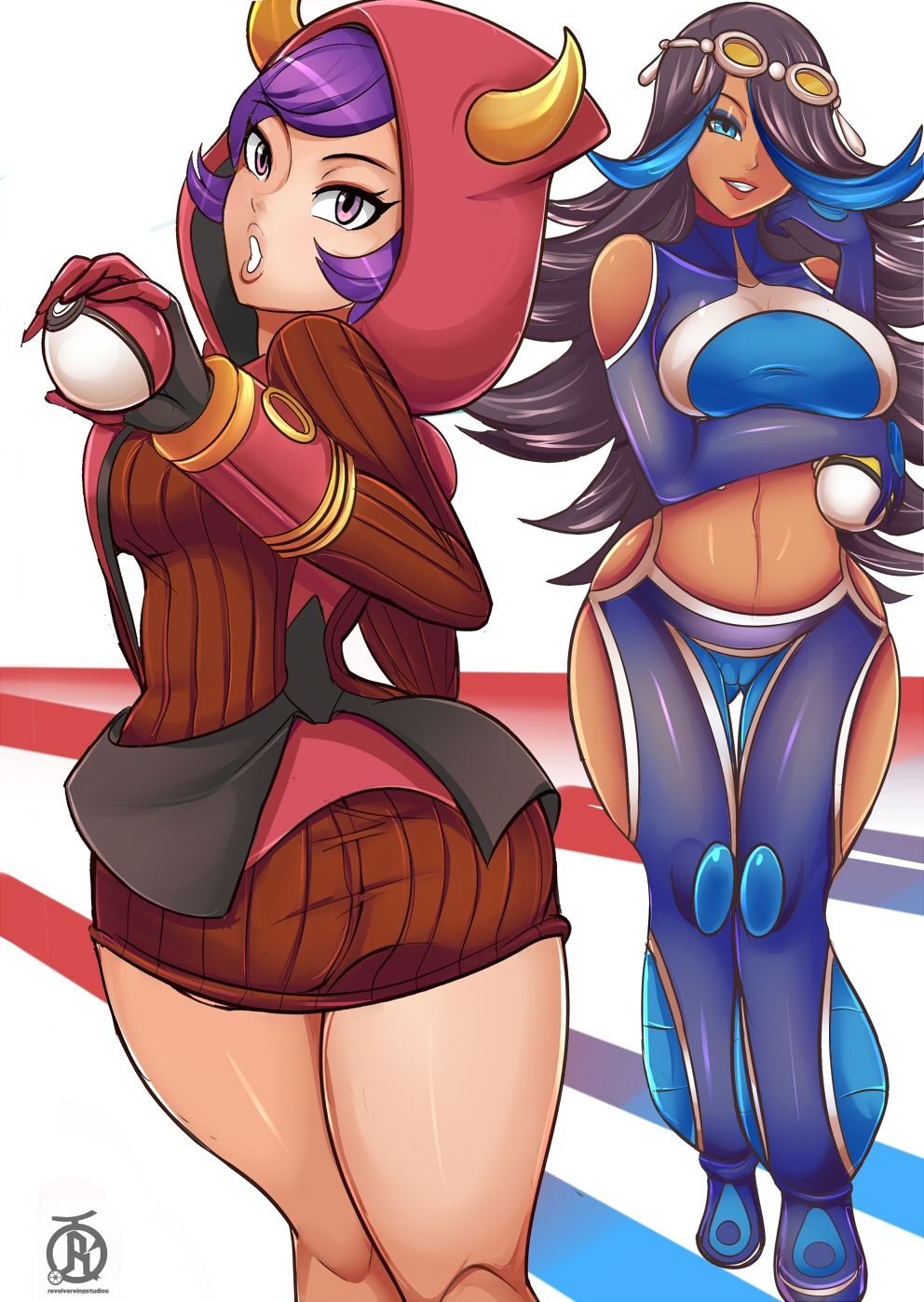 2girls, black hair, breasts, chocolate and vanilla, clothed, clothed female, clothing, color, courtney (pokemon oras), courtney (pokemon), female, female only, huge breasts, looking at viewer, multiple females, multiple girls, nintendo, pokemon, pokemon oras, pokemon rse, purple hair, revolverwingstudios, shelly (pokemon oras), shelly (pokemon), silvina (pokemon), team aqua, team magma