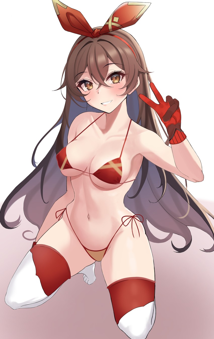 amber (genshin impact), breasts, brown eyes, brown hair, female, female only, genshin impact, panties, ribbon, seogaeck, smile, solo, solo focus, swimsuit, thighs