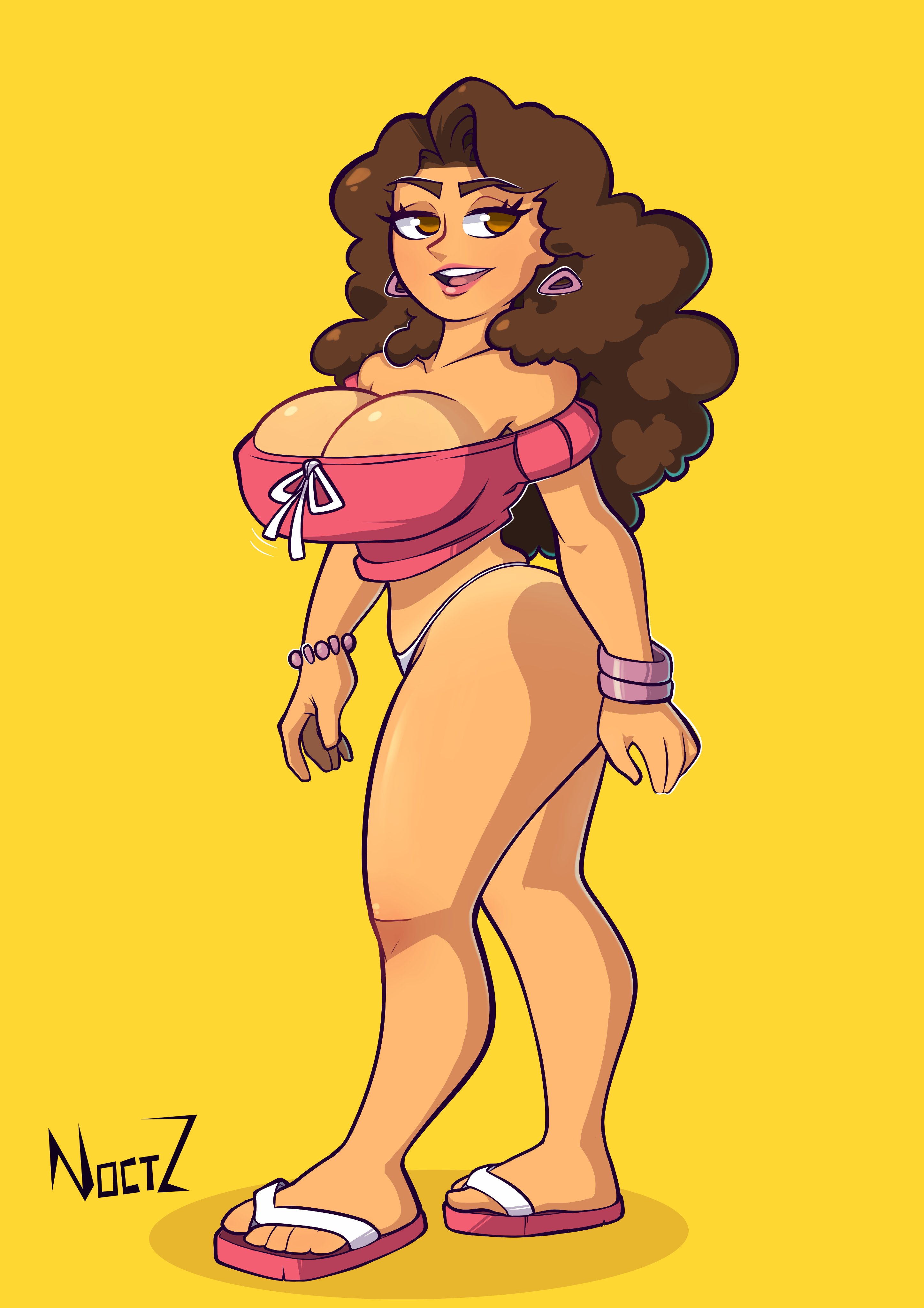 artist name, athletic, athletic female, big breasts, bracelets, breasts, brown eyes, brown hair, character request, cleavage, earrings, eyelashes, female, female focus, female only, flip flops, happy, high resolution, highres, human, human only, long eyelashes, looking away, mature, mature female, noctz, open mouth, original, original artwork, original character, patreon, patreon username, posing, red lips, red lipstick, sandals, simple background, smile, smiling, solo, solo female, solo focus, stacked lady, standing, thick thighs, toned, toned female, twitter, twitter username, white bikini bottom, white sclera, yellow background