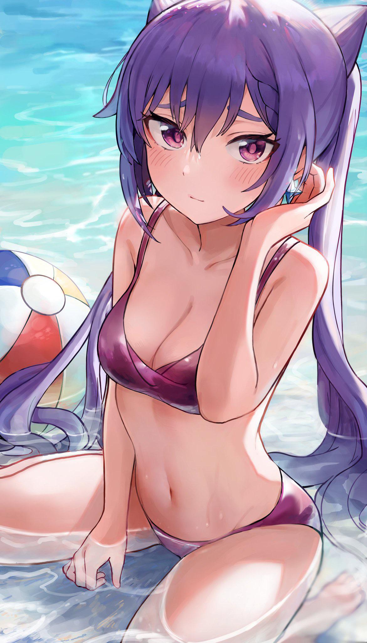 beach, bikini, blush, breasts, cleavage, female, female only, genshin impact, keqing (genshin impact), kneeling, looking at viewer, medium breasts, navel, ocean, pubic hair, purple eyes, stomach, twintails, wet