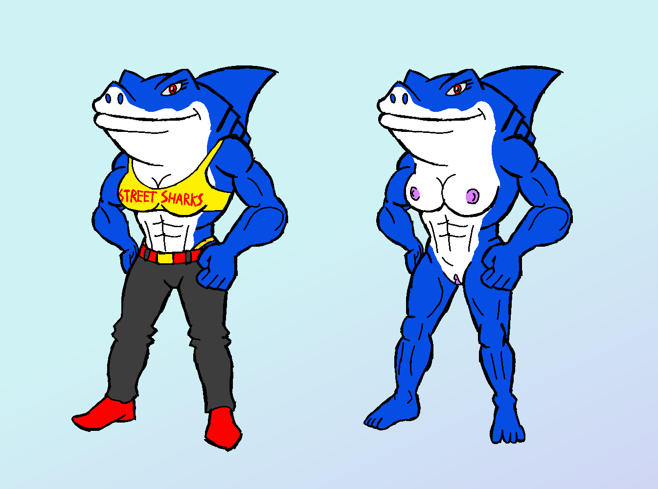 anthro breasts female fish genderswap great_white_shark marine muscular muscular_female nipples nude pants pussy ripster ripster_(street_sharks) rule_63 shark shark_girl shoes simple_background street_sharks tagme top