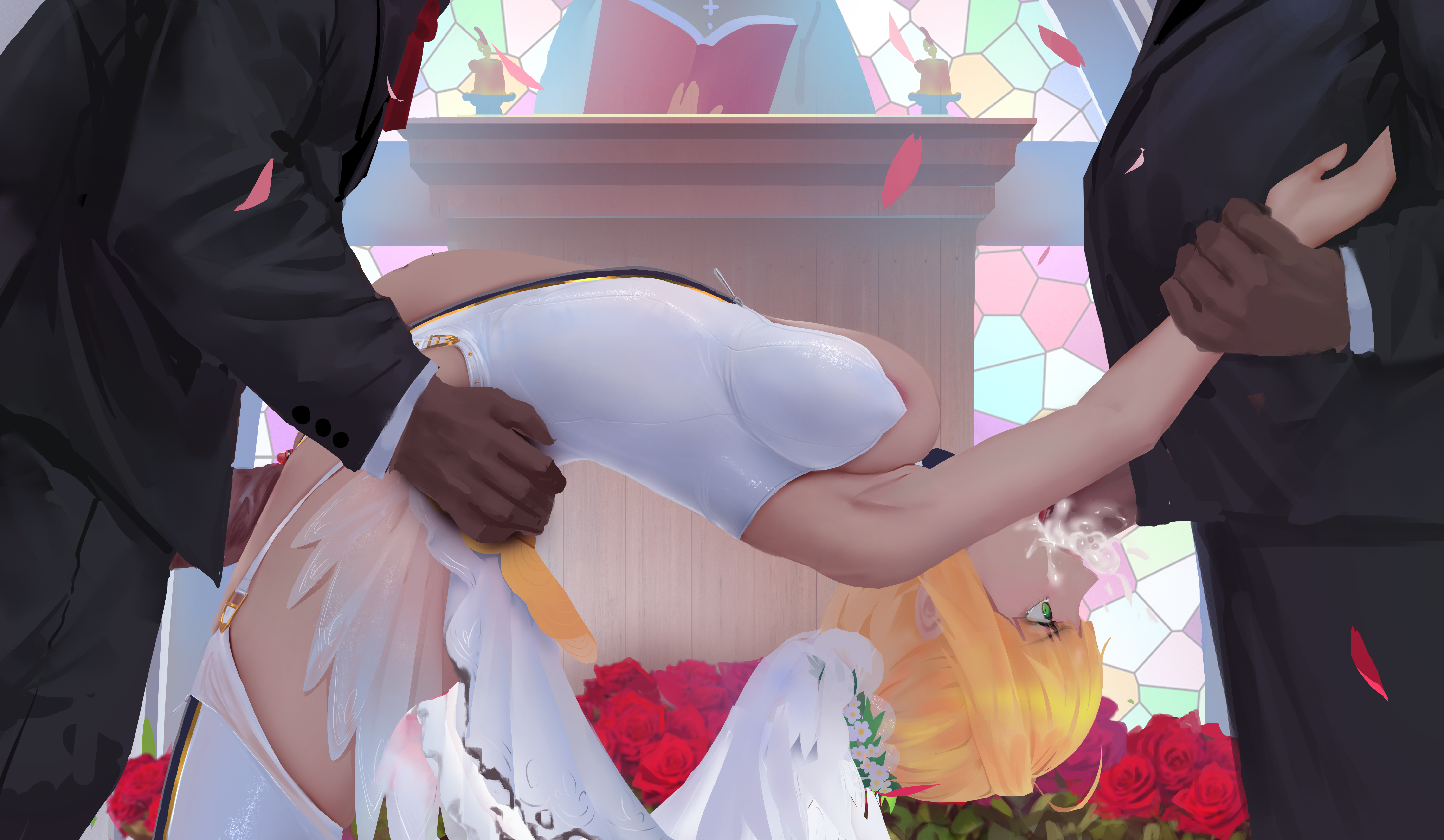 arched back, artoria pendragon, badapple1003, big penis, blonde hair, breasts, choker, church, clitoral hood, clitoris, cum, cum in mouth, cum on face, dark skin, dark-skinned male, deepthroat, erect penis, fate (series), female, green eyes, huge cock, interracial, light skin, light-skinned female, male, mascara, medium breasts, nipple slip, nipples, on back, penis, pregnant, pussy, restrained, roses, saber, sex, spitroast, stomach bulge, tagme, throat swabbing, vaginal penetration, veiny penis, wedding, wedding dress, wedding ring, wedding veil