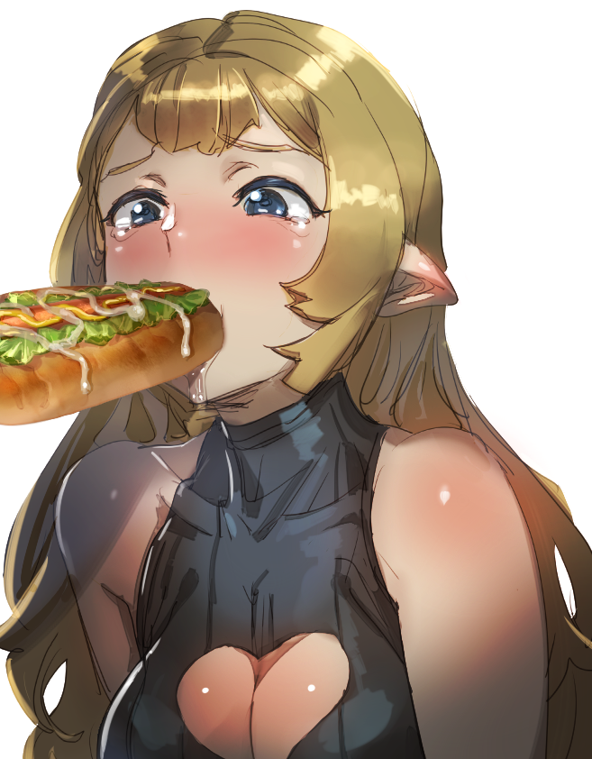 bare_shoulders black_sweater blonde_hair blue_eyes blush bow_(bhp) breasts cleavage cleavage_cutout clothing_cutout cum cum_on_food female food heart_cutout hot_dog large_breasts long_hair open_mouth oral original phallic_symbol pointy_chin pointy_ears sexually_suggestive simple_background sleeveless_sweater solo subway_(franchise) subway_eat_fresh_(meme) suggestive_food sweater tears upper_body white_background wide-eyed