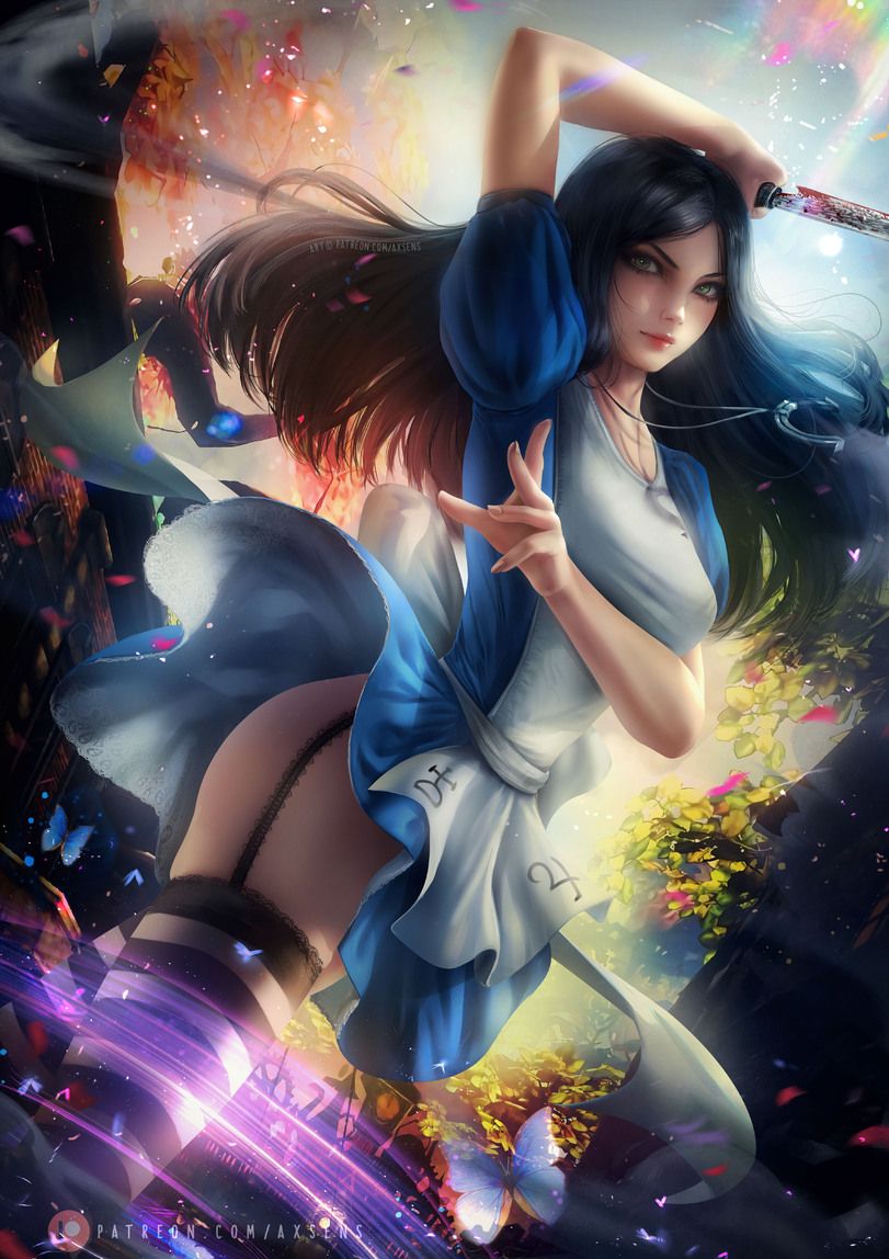 1girls, 2d, alice (madness returns), alice in wonderland, alice liddell, alice madness returns, american mcgee's alice, axsens, black hair, blood, bloody knife, clothing, dress, female, female only, garter straps, green eyes, human, knife, solo, solo female, tagme, thighhighs, vorpal blade