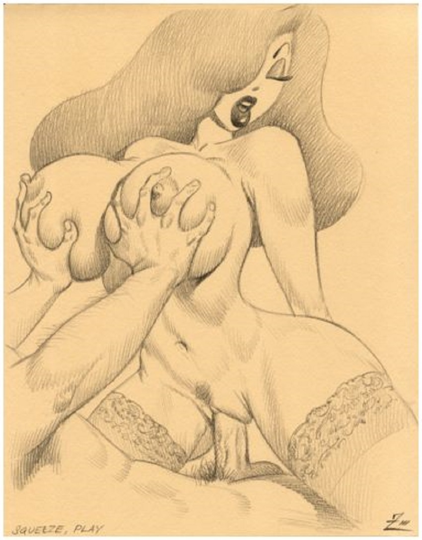 2003, breast grab, breast squeeze, breasts, cowgirl position, disney, female, grabbing, jessica rabbit, julius zimmerman, male, monochrome, nipples, penis, pussy, red hair, sex, vaginal penetration, who framed roger rabbit