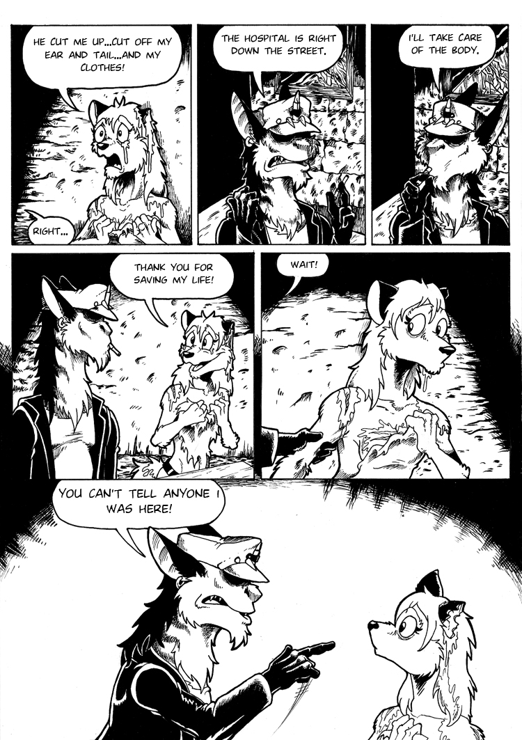 aardwolf alley anthro black_and_white blood bodily_fluids clothing clusterskulls comic comic_page covering covering_breasts covering_self crying dialogue domestic_ferret duo ear_piercing ear_ring english_text eye_contact eyes_hidden female gesture gore hair hyaenid long_hair looking_at_another magra_(clusterskulls) male mammal missing_ear missing_tail monochrome mullet mustela mustelid musteline open_maw open_mouth piercing pointing pointing_at_another speech_bubble tears tears_of_joy text torn_clothing wounded