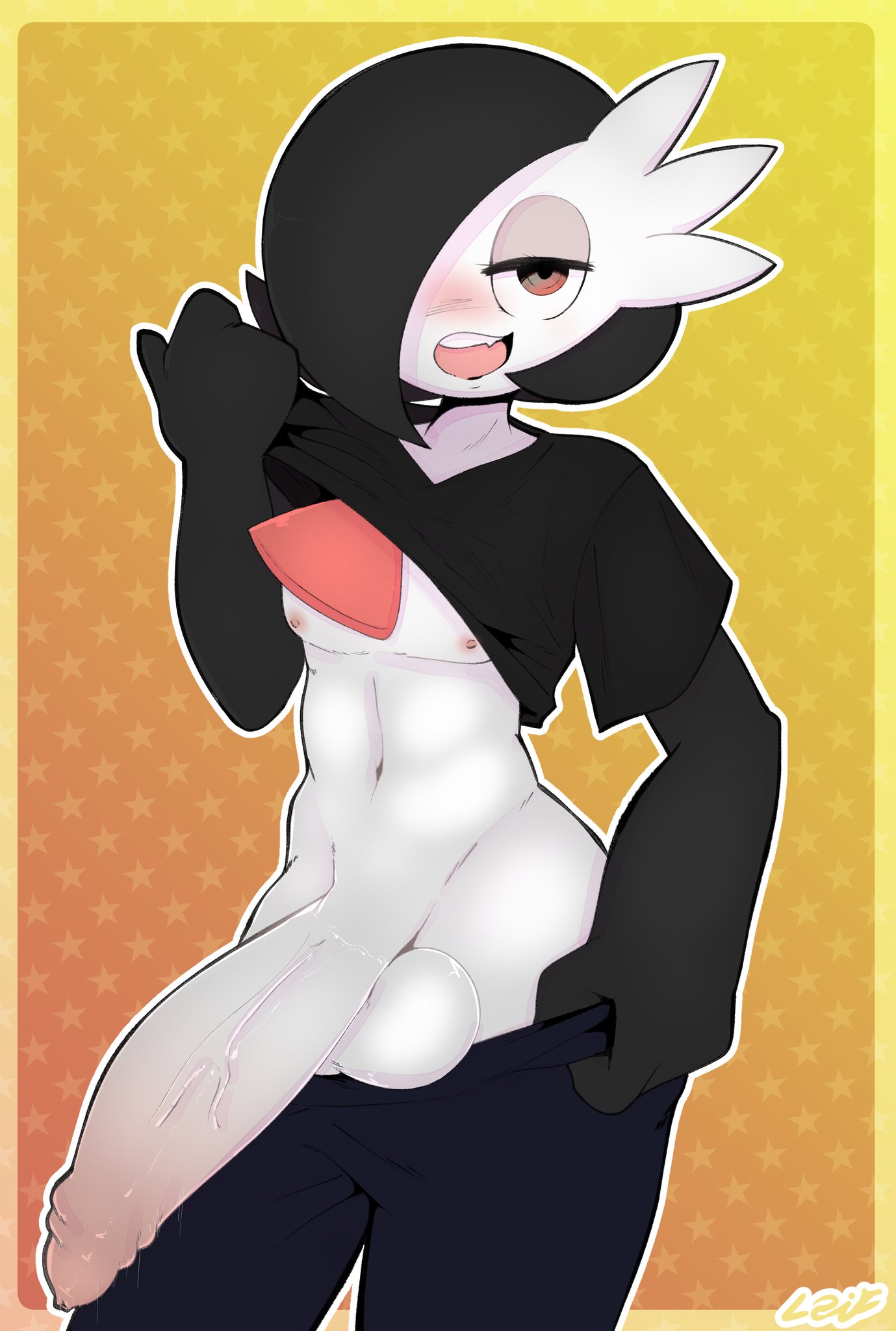 1boy, applchu, balls, big balls, big penis, black hair, blush, blushing, femboy, flashing, foreskin, gardevoir, hair over one eye, huge cock, hung trap, looking at viewer, male, male gardevoir, male only, male pokemon, nintendo, nipples, one eye covered, open mouth, original character, pants, penis, pokemon, pokemon (species), pokemon rse, shirt, simple background, smile, solo, solo male, teeth, tongue, uncircumcised, uncut, vein, veiny penis, white skin, wide hips