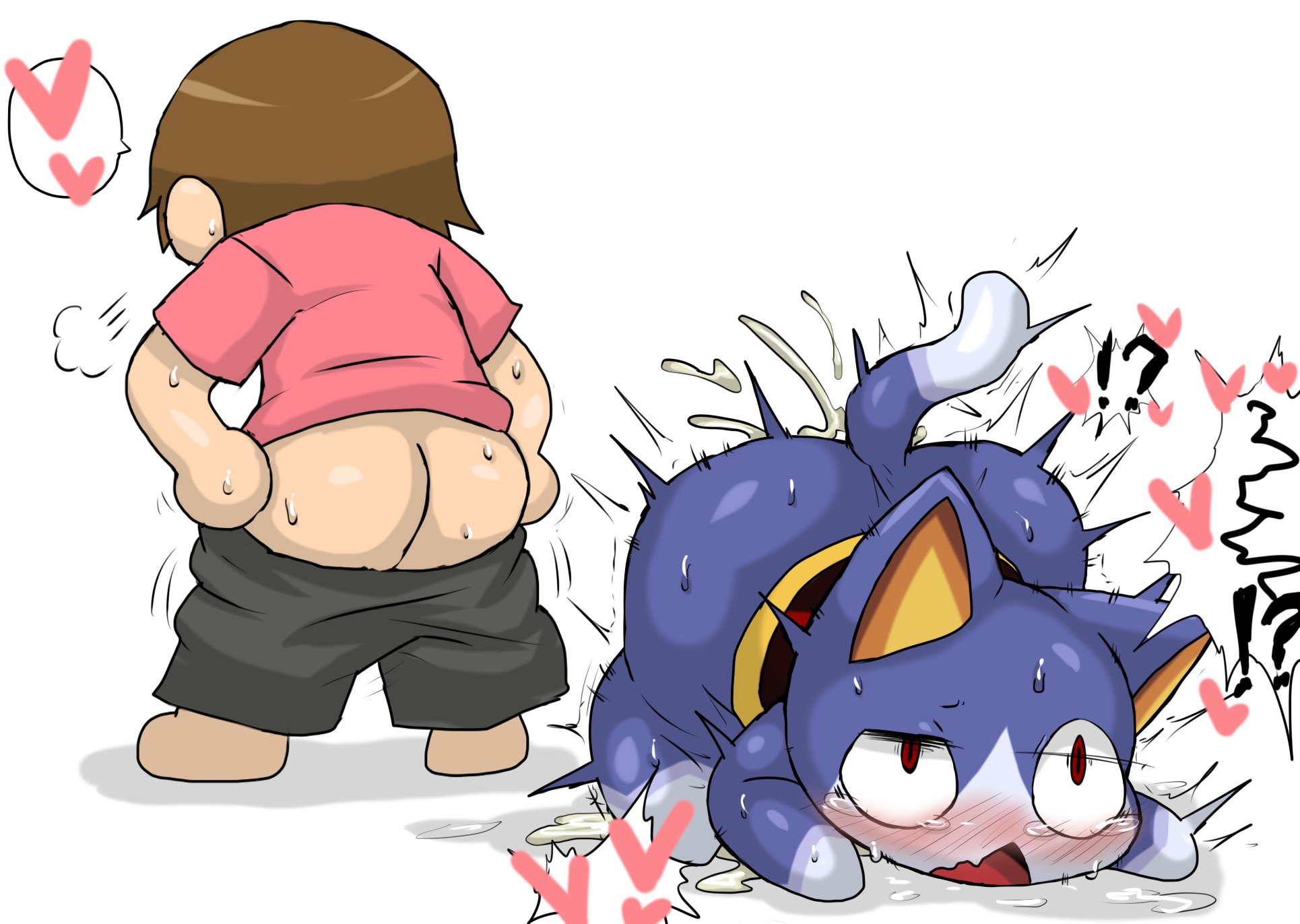!?, 1boy, after sex, ambiguous gender, animal crossing, anthro, ass, balls, bent over, big ass, blue fur, blush, clothing, cum, cum drip, cum in ass, cum in pussy, domination, enigi09, feline, female, fluffy, fluffy tail, fur, furry, happy, heart, human, looking at viewer, looking down, male, male only, mammal, naked, nintendo, nipples, open mouth, pawpads, paws, penis, precum, pussy, rape, red eyes, rover (animal crossing), rule 63, sitting, sweat, tail, teeth, tongue, tongue out, villager (animal crossing)