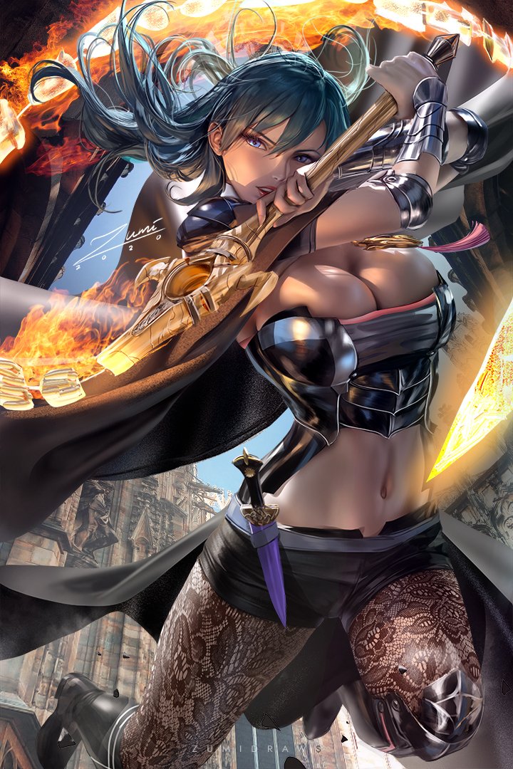 1girls blue_eyes breasts byleth_(fire_emblem) byleth_(fire_emblem)_(female) cleavage female female_only fire_emblem fire_emblem:_three_houses glowing glowing_sword glowing_weapon large_breasts leggings lips nintendo pantyhose shorts solo sword teal_hair whip whip_sword zumi