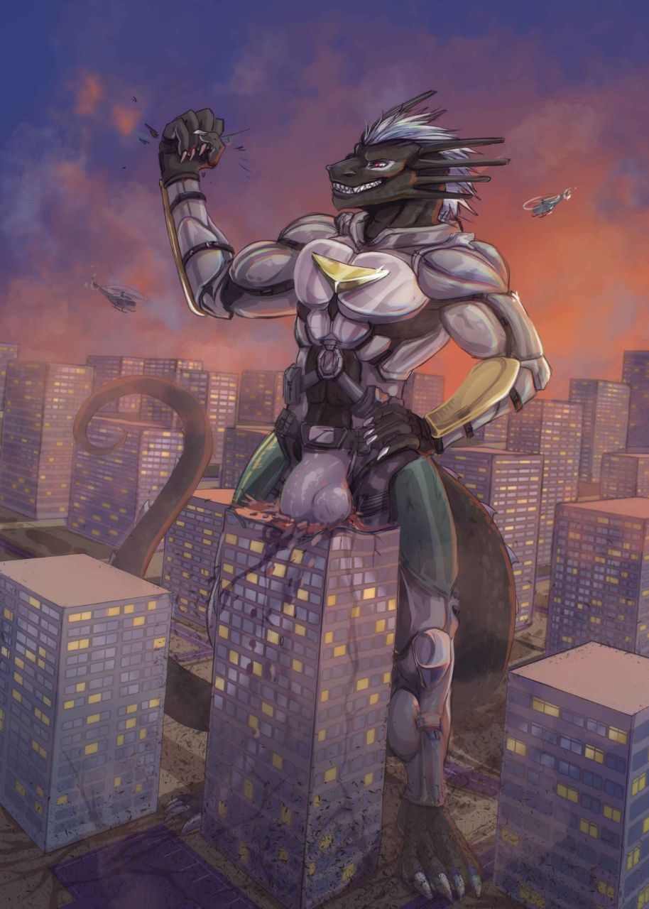 4_toes aircraft anthro barefoot black_body black_scales building_damage bulge city claws crush detailed_background dragon fist futuristic_armor hair hand_on_hip helaviskrew helicopter hi_res larger_dragon male male_only scales sig_(me-havoc) solo sunset toes white_claws white_hair