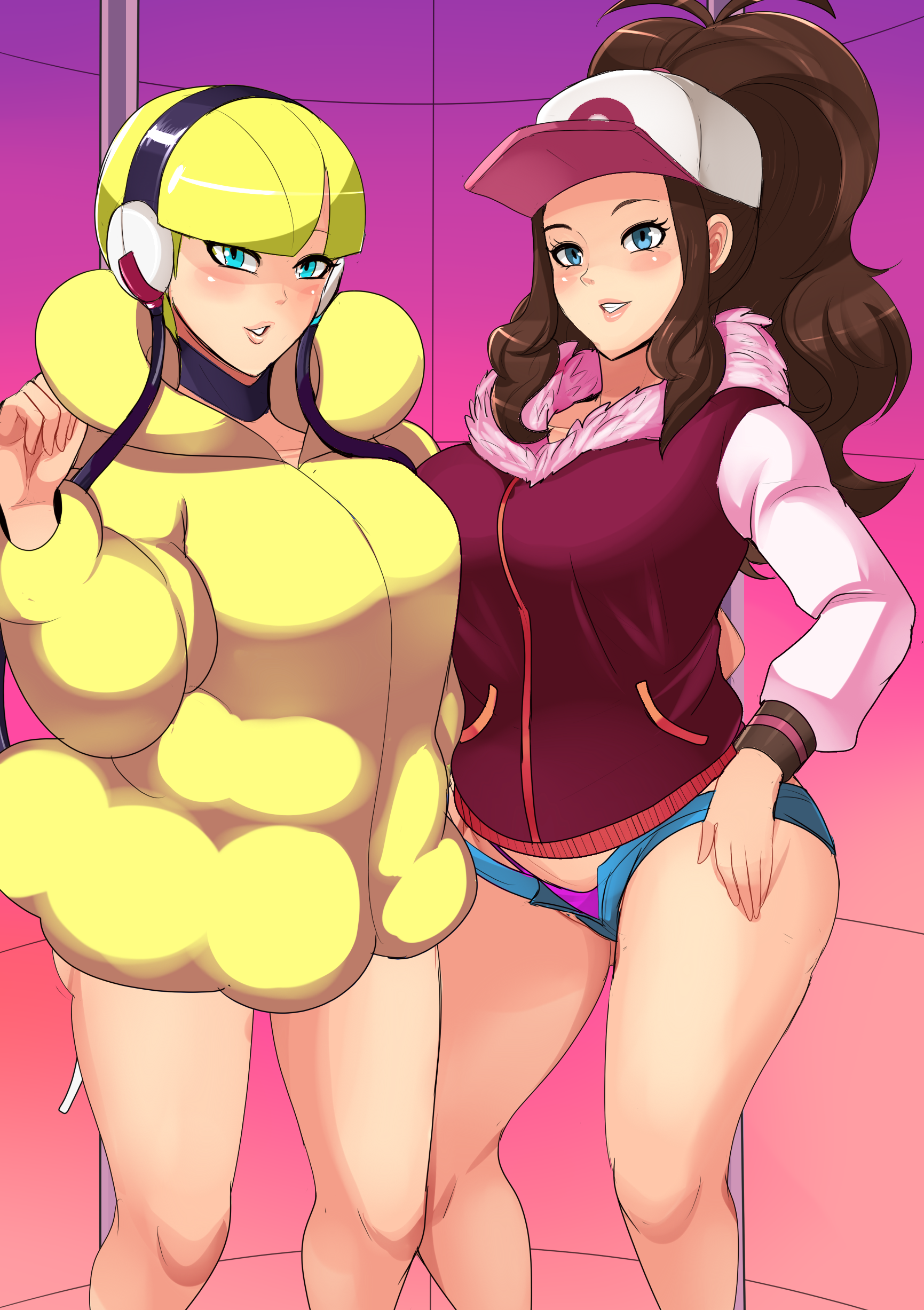 2girls, big breasts, blue eyes, booty shorts, breasts, brown hair, clothed, color, elesa (pokemon bw), elesa (pokemon), female, female only, hat, hilda (pokemon), looking at viewer, multiple girls, nintendo, pokemon, pokemon bw, revolverwingstudios, shorts, smile, stripper pole, yellow hair