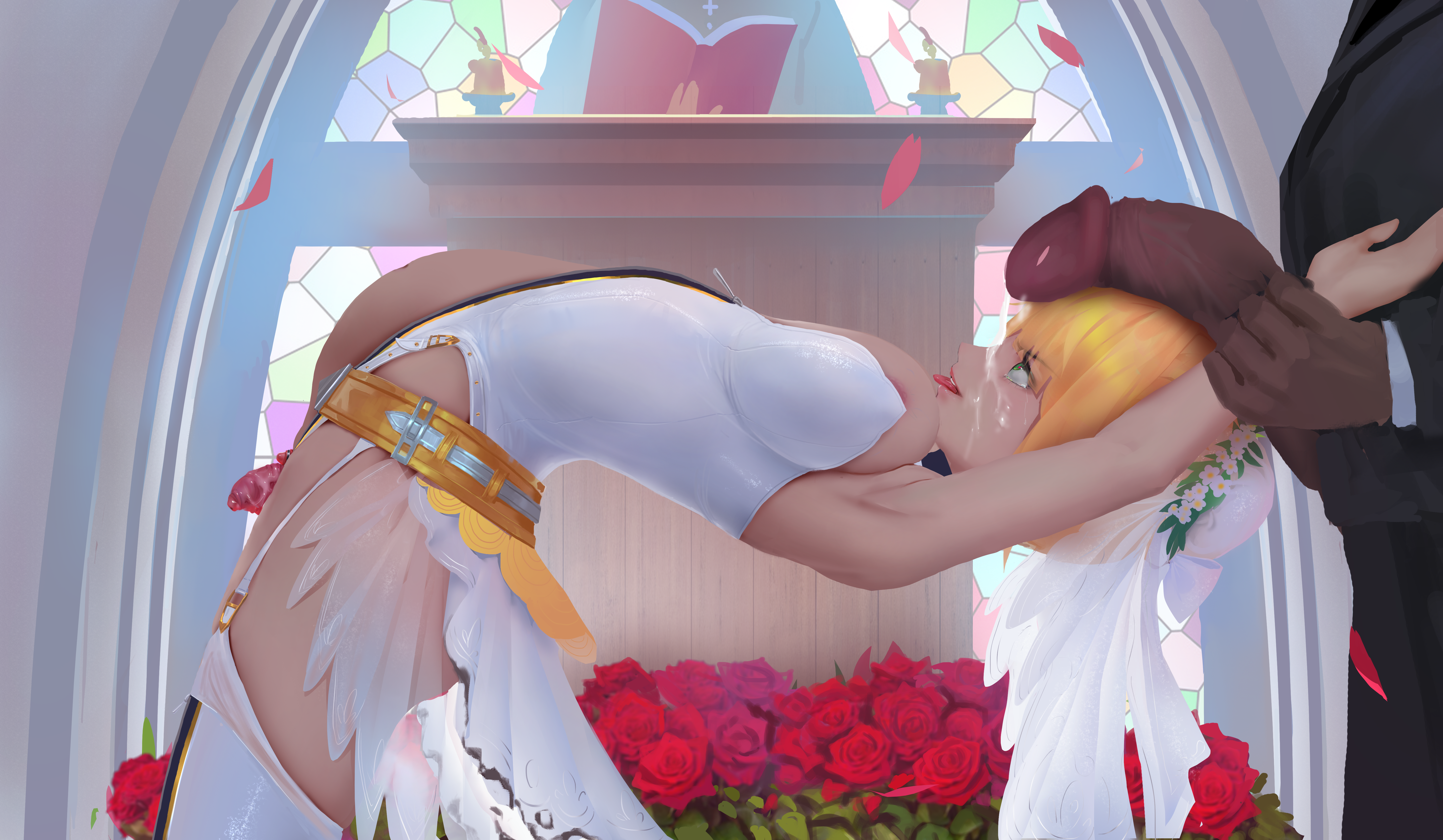 artoria pendragon, badapple1003, big penis, blonde hair, breasts, choker, clitoris, cock marriage, cum, cum on face, dark skin, dark-skinned male, fate (series), female, green eyes, huge cock, interracial, light skin, light-skinned female, looking pleasured, male, married to penis, mascara, medium breasts, nipples, penis, penis on head, prolapsed pussy, pussy, restrained, saber, stomach bulge, tongue, tongue out, veiny penis, wedding dress, wedding ring, wedding veil, wedding with cock