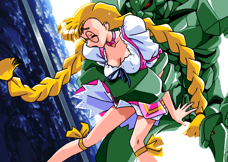 1boy 1girls 90s anna_miller blonde_hair bow braids breasts cave choker cleavage closed_eyes clothed clothed_female_nude_male clothing eyebrows_visible_through_hair female frills fully_clothed game_cg glasses green_skin imminent_sex indoors interspecies karin_(viper) large_breasts legwear long_hair lowres male medium_breasts monster nipple_bulge nude open_mouth pink_clothing rape red_eyes restrained ribbon ribbon_choker rock_humanoid scared screaming seed's_subordinates skirt sogna sweat thick_thighs thighs twin_braids twintails uniform very_long_hair viper_(series) viper_v16 waist_grab waitress white_clothing