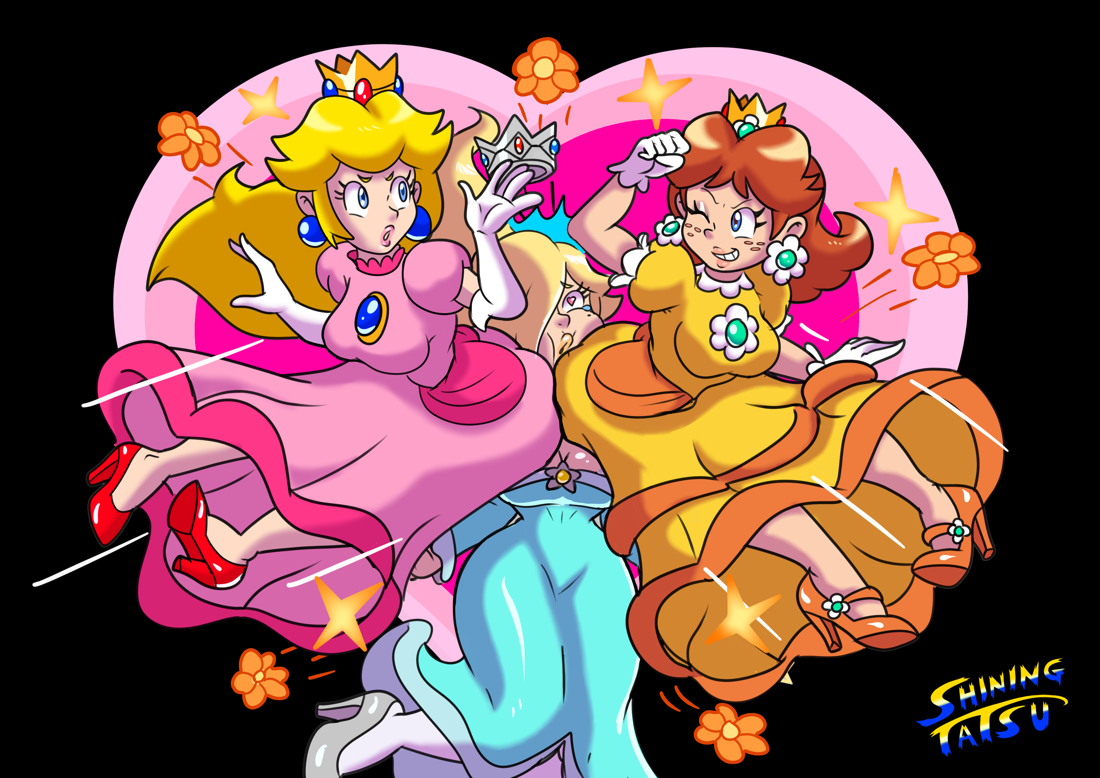 2020, 3girls, alternate version available, ass, blonde hair, blue eyes, brown hair, bubble ass, bubble butt, clothed, clothing, crown, dress, earrings, elbow gloves, face in ass, facesitting, female, female only, firegon55, freckles, gloves, hair over one eye, heart-shaped pupils, heels, high heels, human, human only, long hair, mario (series), multiple females, multiple girls, nintendo, one eye closed, princess daisy, princess peach, princess rosalina, shiningtatsu, shiny hair, smile, super mario bros., supergon55, white gloves, wink, yuri