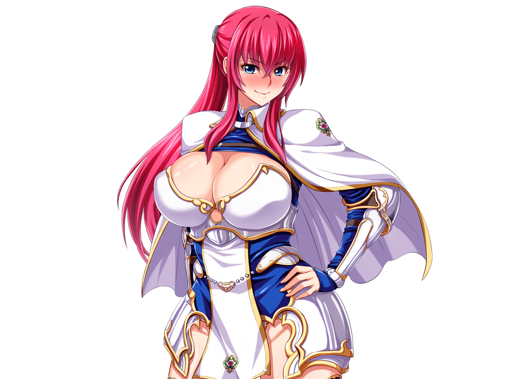 1girls angelica_von_eustest armor blush clothing game_cg huge_breasts knight neromashin oujo_&_onna_kishi_w_dogehin_roshutsu_~chijoku_no_misemono_dorei~ red_hair smile solo