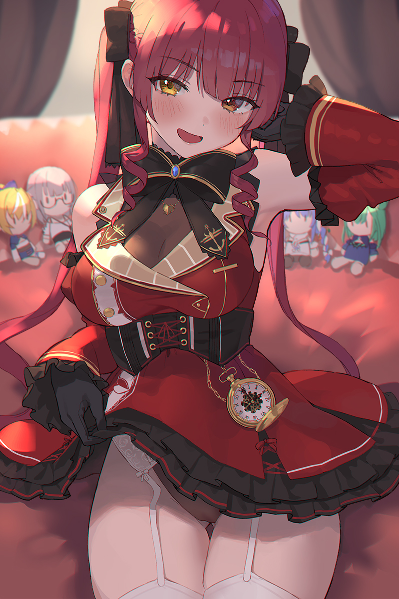 female, garter belt, hololive, hololive fantasy, hololive japan, houshou marine, red hair, seon, solo, virtual youtuber
